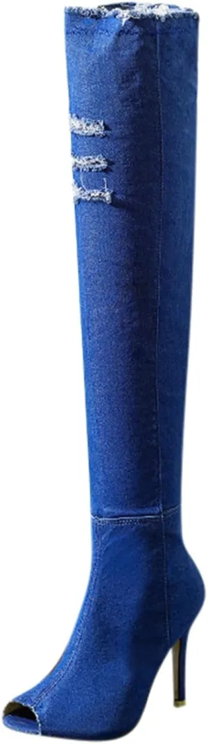 SACFOF Women's Denim Thigh High Boots Peep Toe Cutout Over The Knee Jean Stiletto Heeled Long Boots