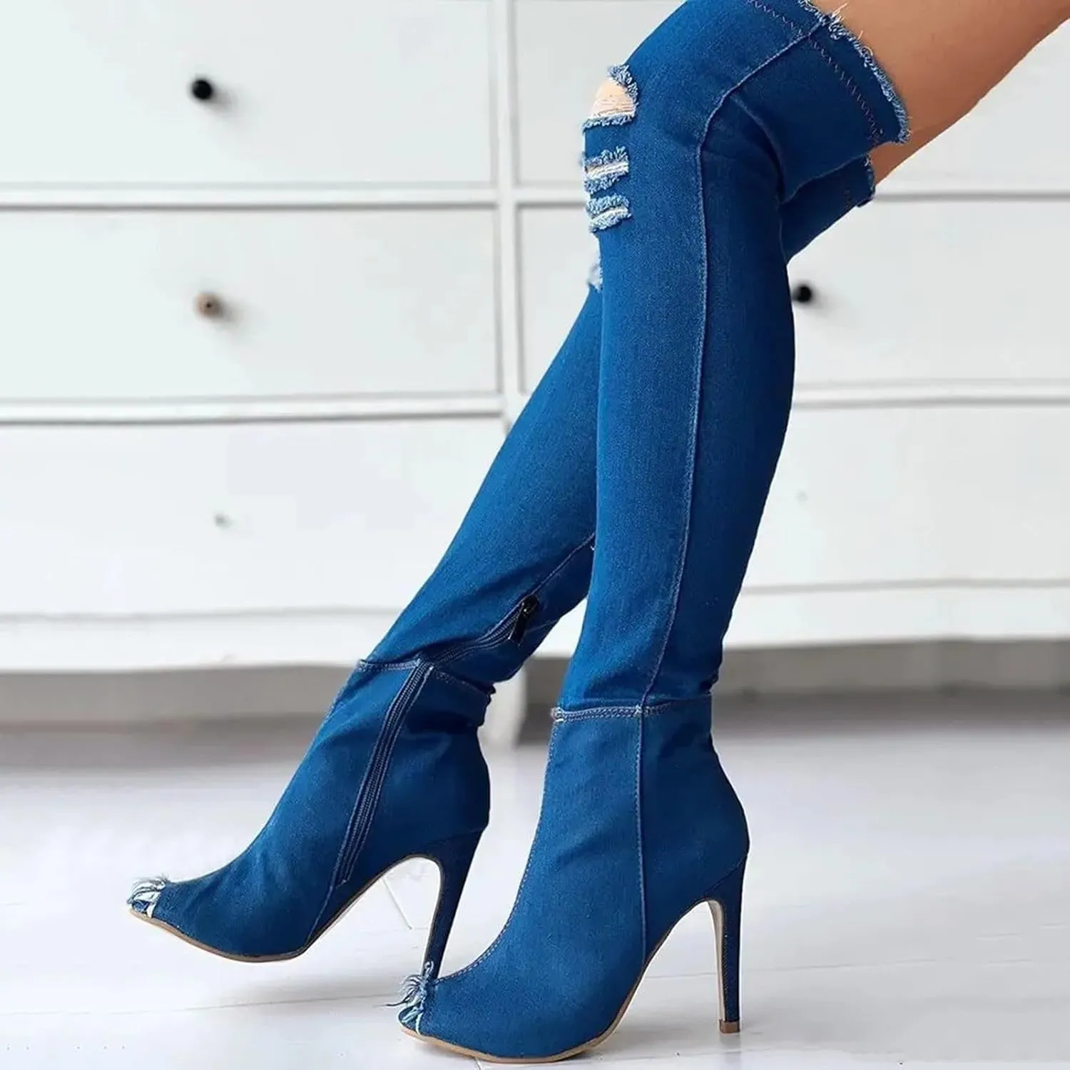 SACFOF Women's Denim Thigh High Boots Peep Toe Cutout Over The Knee Jean Stiletto Heeled Long Boots