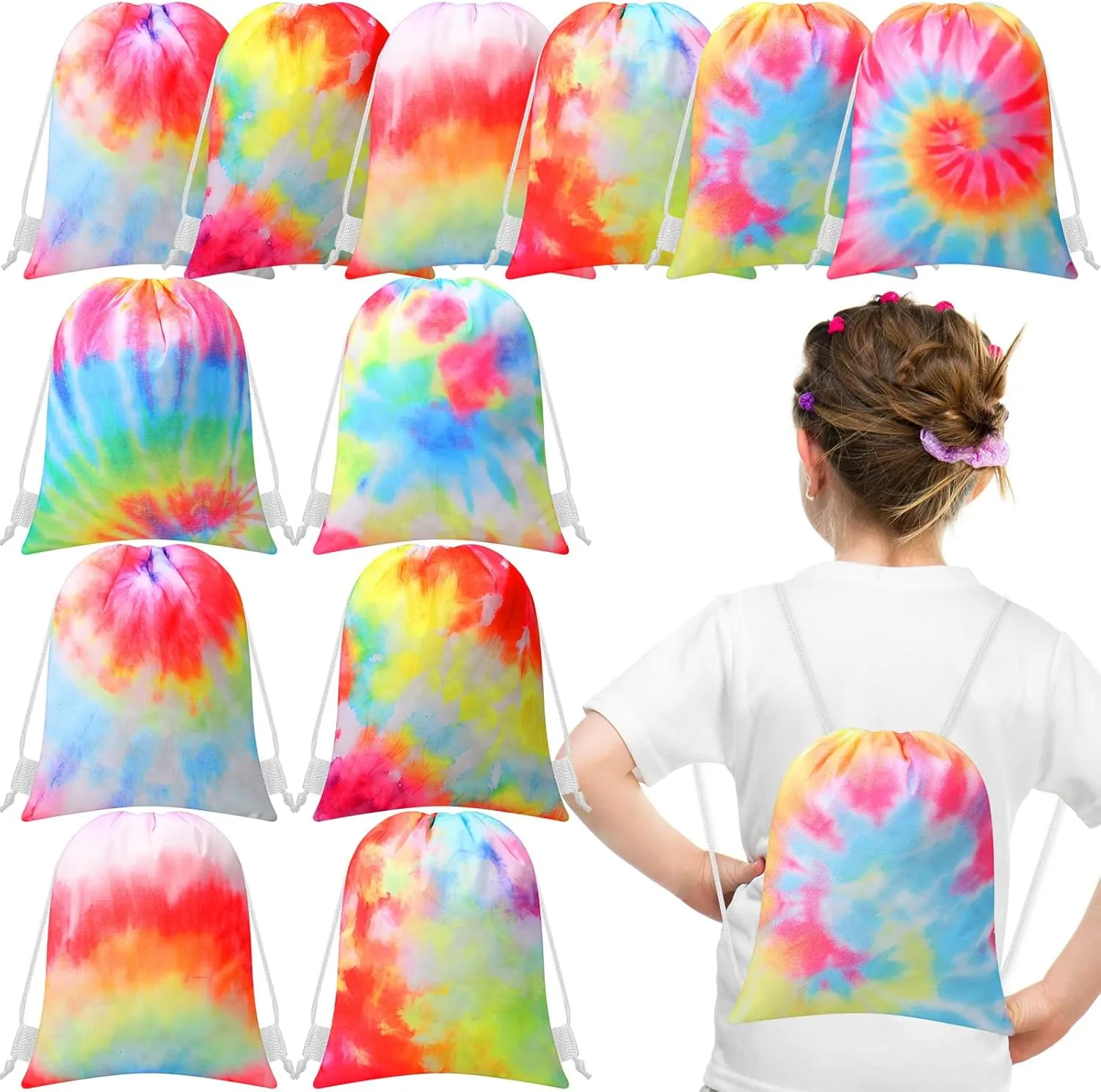 Sanwuta 12 Pieces Tie Dye Party Favor Bags Colorful Tie Dye Party Drawstring Gift Bags Tie Dye Drawstring Backpack Bag Camouflage Tie Dye Treat Goodie Bags for Kids Birthday Retro Party Supplies