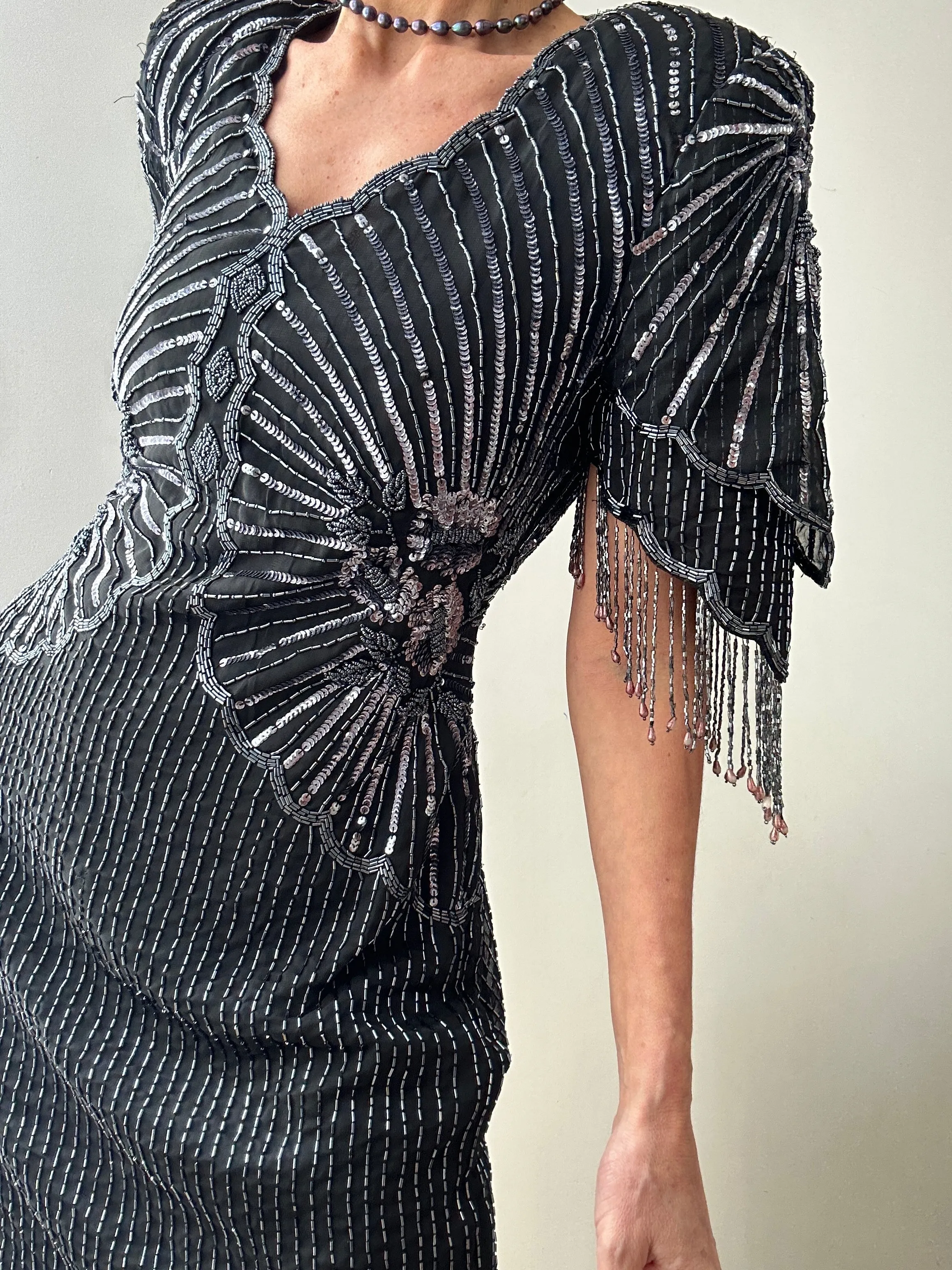 Scalloped V-Neck Beaded Dress