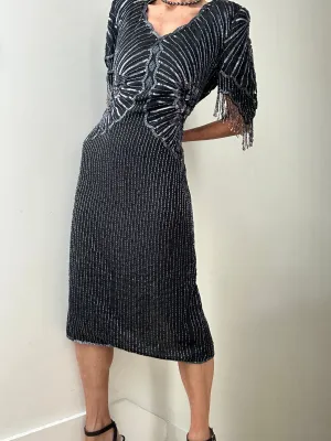 Scalloped V-Neck Beaded Dress