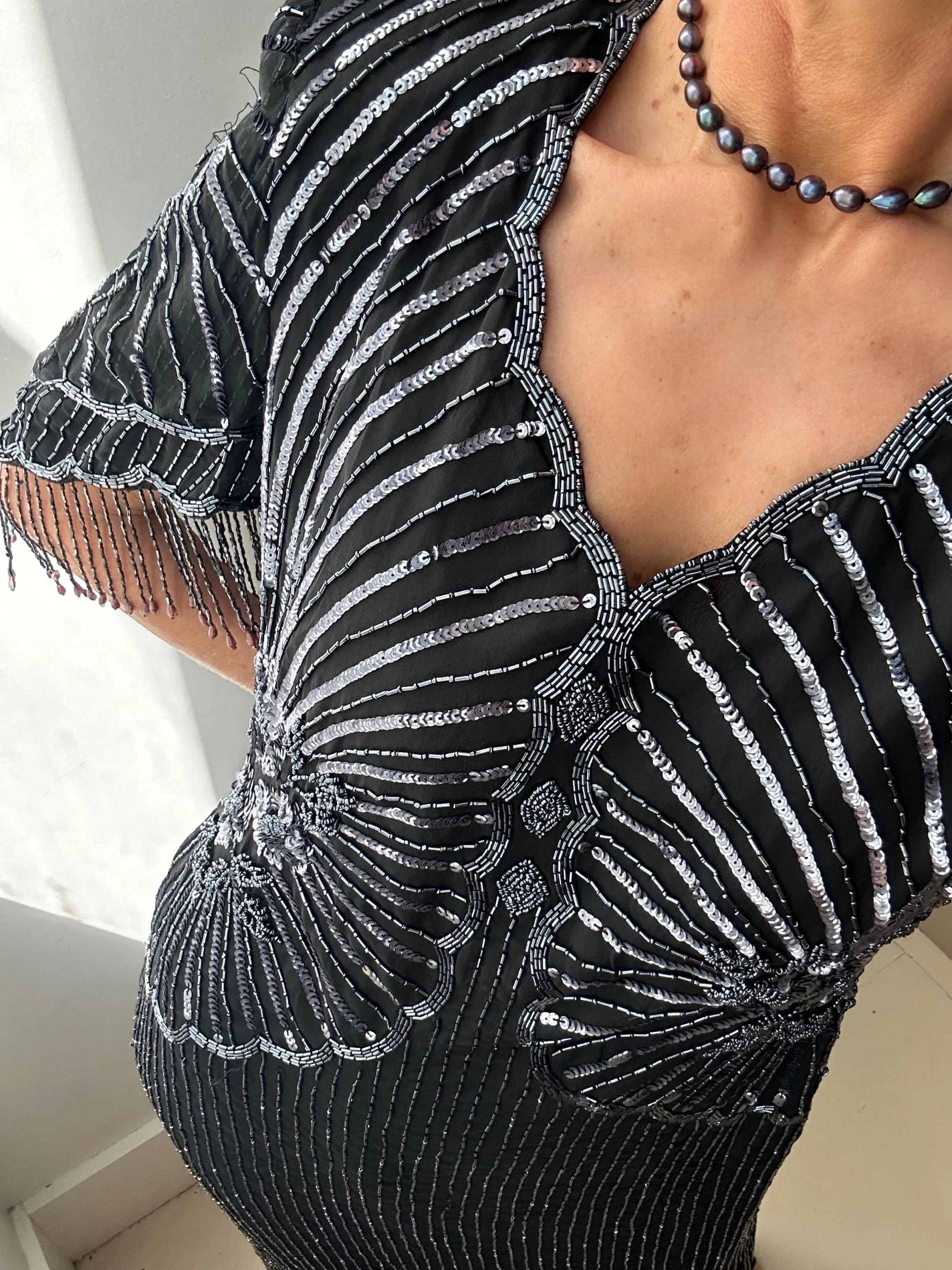 Scalloped V-Neck Beaded Dress