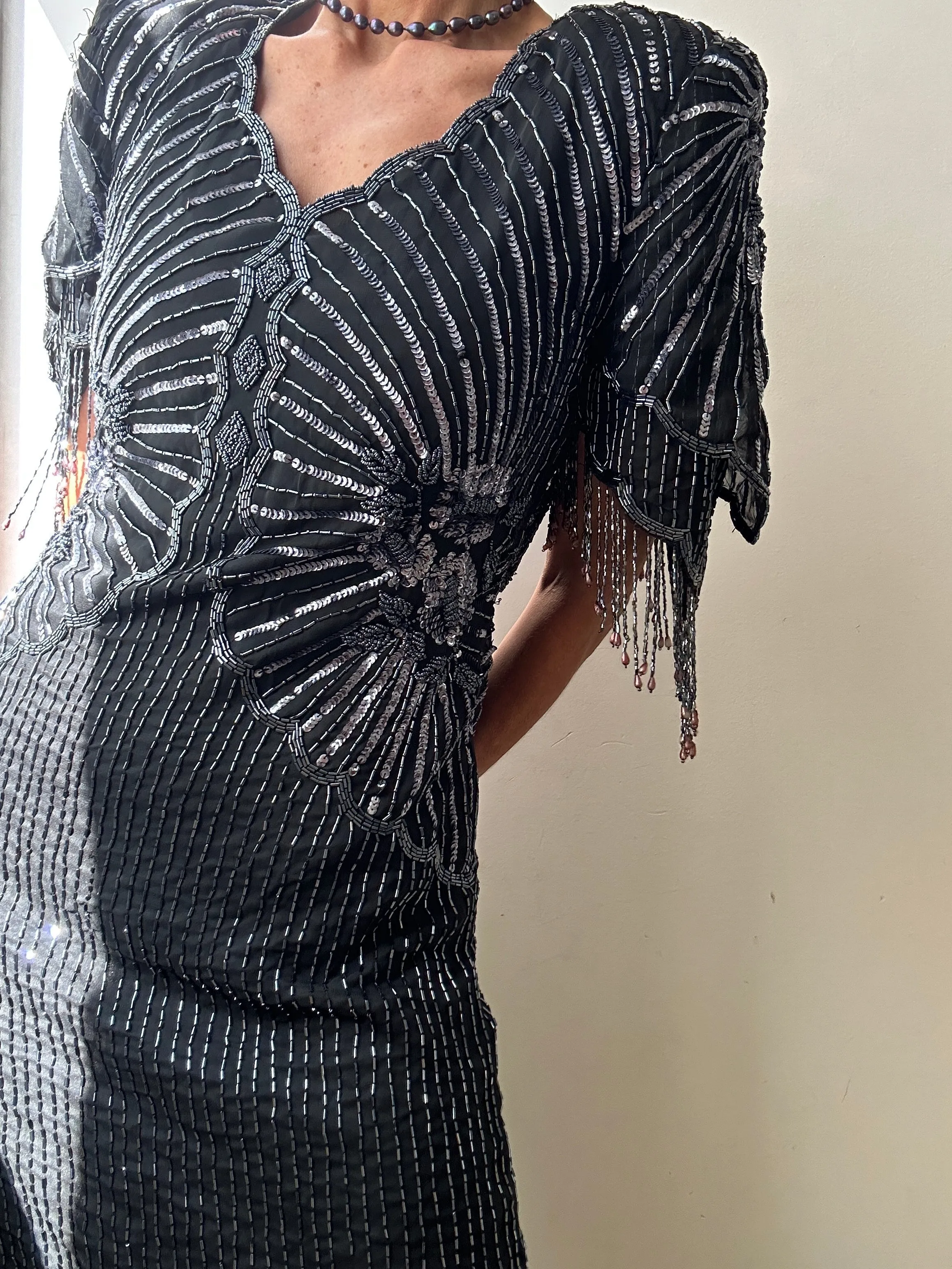 Scalloped V-Neck Beaded Dress