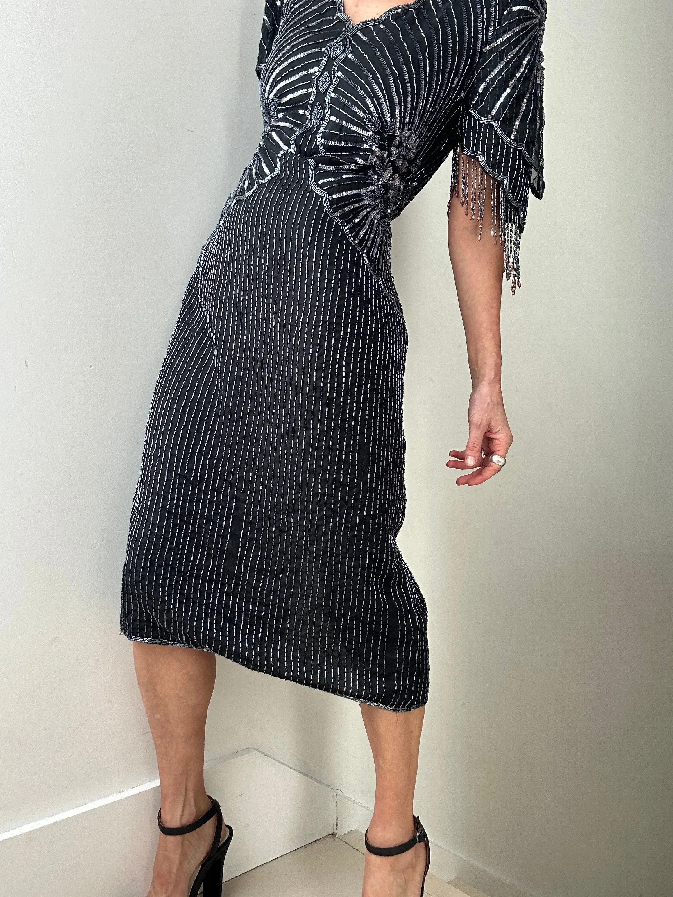 Scalloped V-Neck Beaded Dress