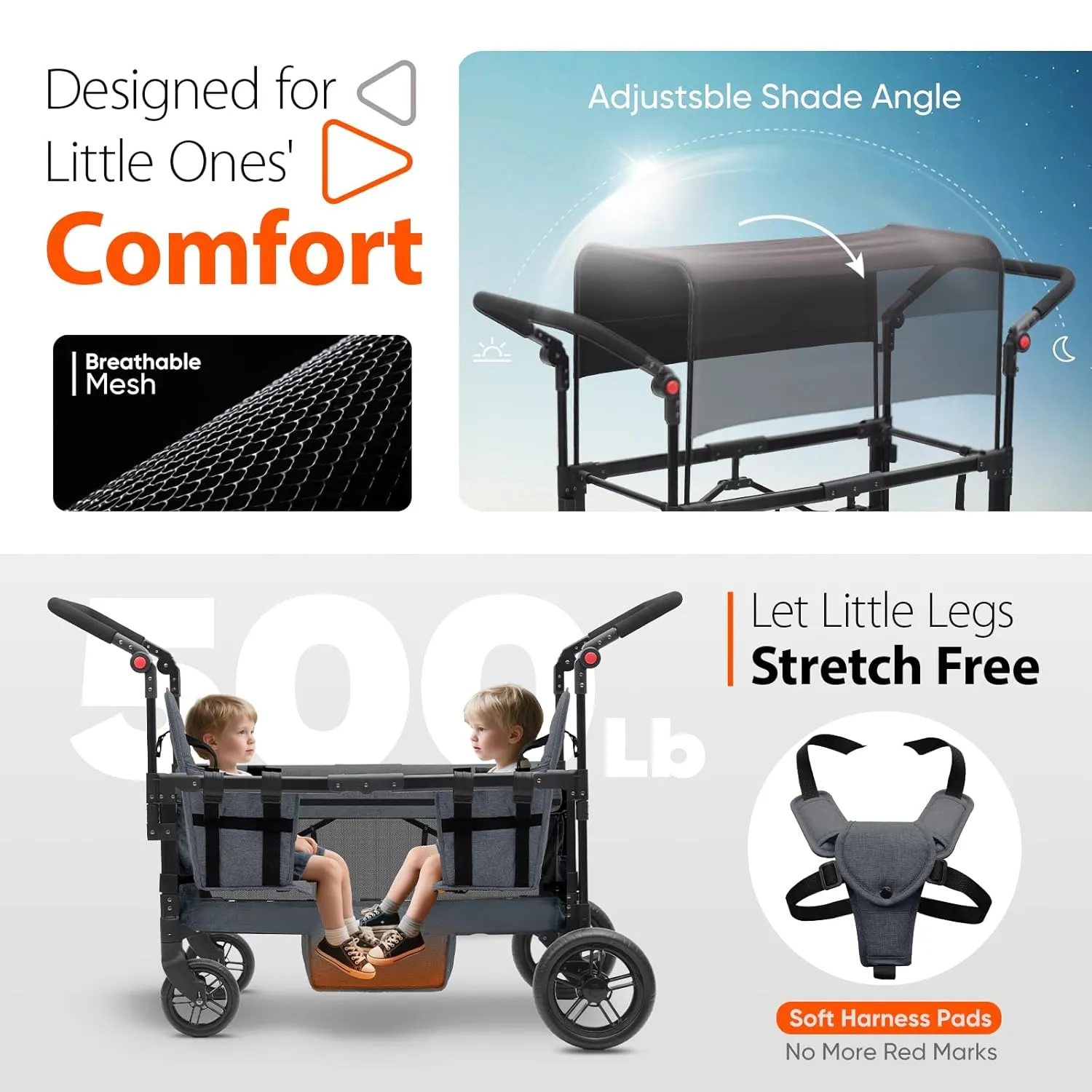 Sekey Wagon Stroller for 2 Kids, Luxury 4-in-1 Stroller Wagon - Premium Quality with Convertible Seats, Adjustable Push Handles, Removable Canopy, Snack Tray & Cooler, US Certified