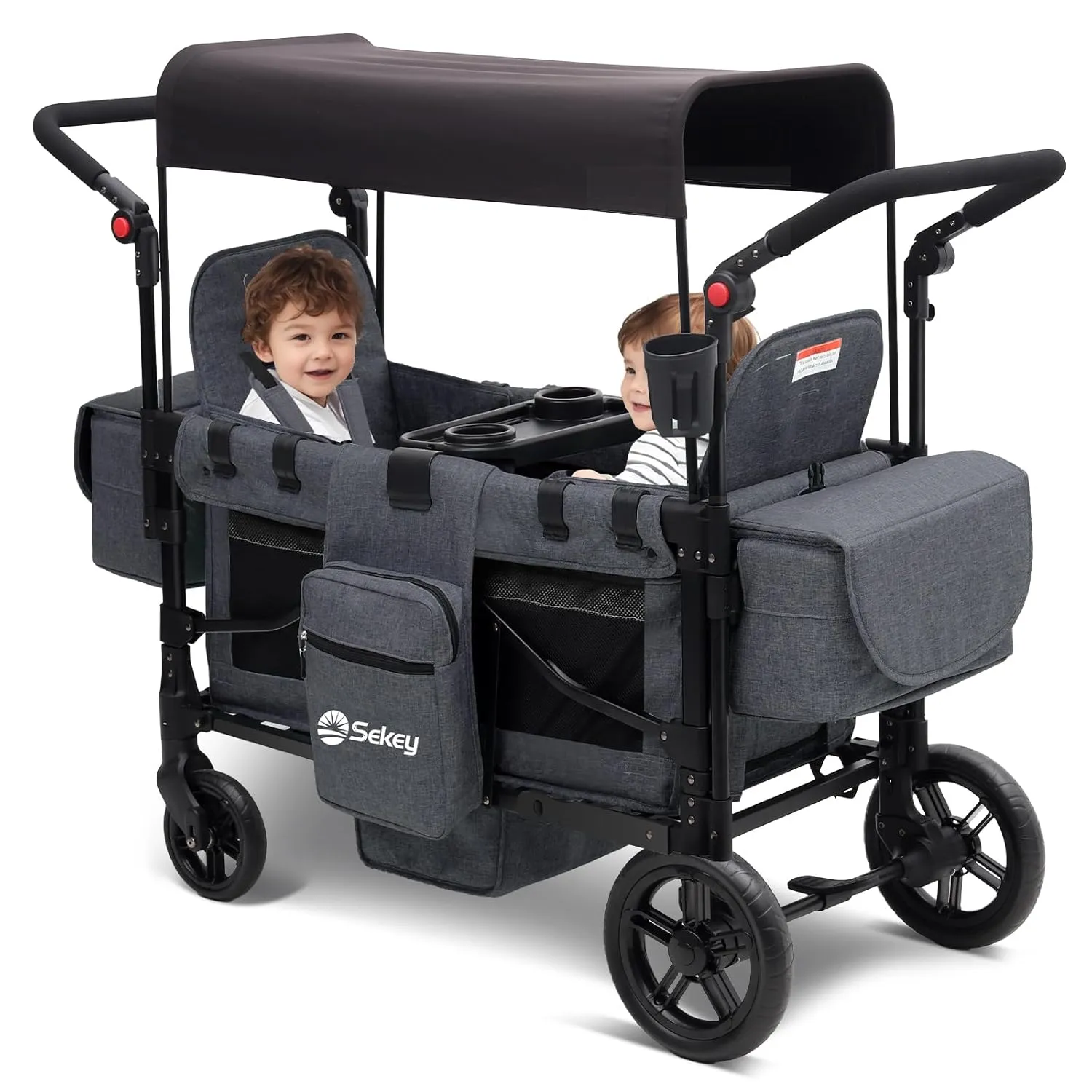 Sekey Wagon Stroller for 2 Kids, Luxury 4-in-1 Stroller Wagon - Premium Quality with Convertible Seats, Adjustable Push Handles, Removable Canopy, Snack Tray & Cooler, US Certified