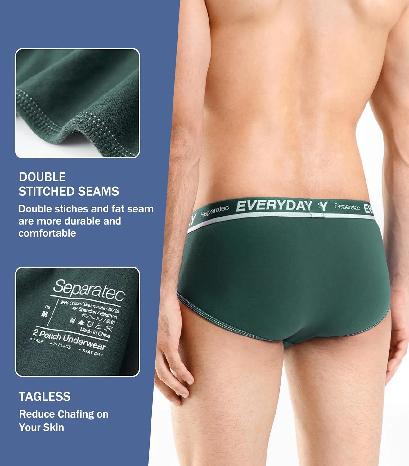 Separatec Men's Underwear Briefs with Dual Pouch,Covered Waistband,Tagless,Soft&Breathable Cotton Underwear for man,7-Pack