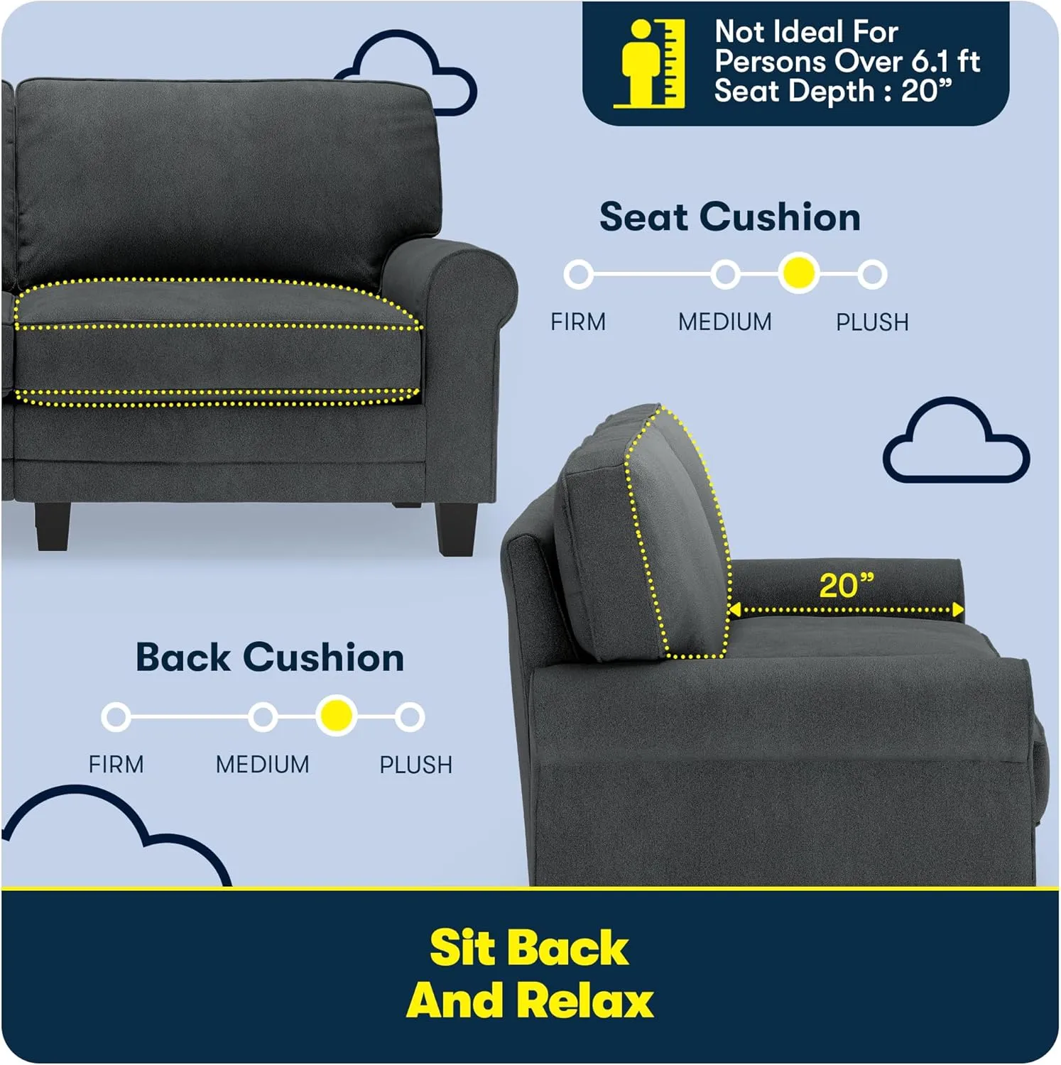 Serta Copenhagen 73" Rolled Arm Sofa, Easy Care Polyester, Soft Pillow Back, Pocket Coil Seat Cushions, Removable Covers, Loveseat or Couch for Small Spaces, Living Rooms or Bedrooms, Charcoal