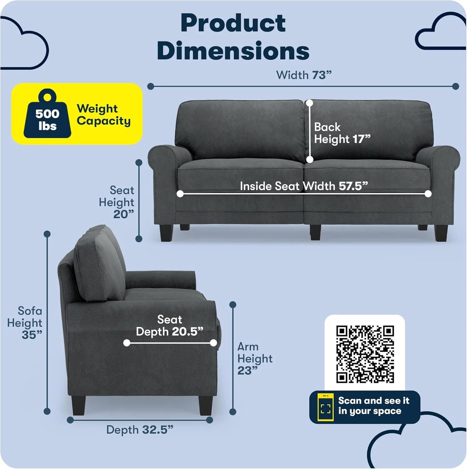 Serta Copenhagen 73" Rolled Arm Sofa, Easy Care Polyester, Soft Pillow Back, Pocket Coil Seat Cushions, Removable Covers, Loveseat or Couch for Small Spaces, Living Rooms or Bedrooms, Charcoal