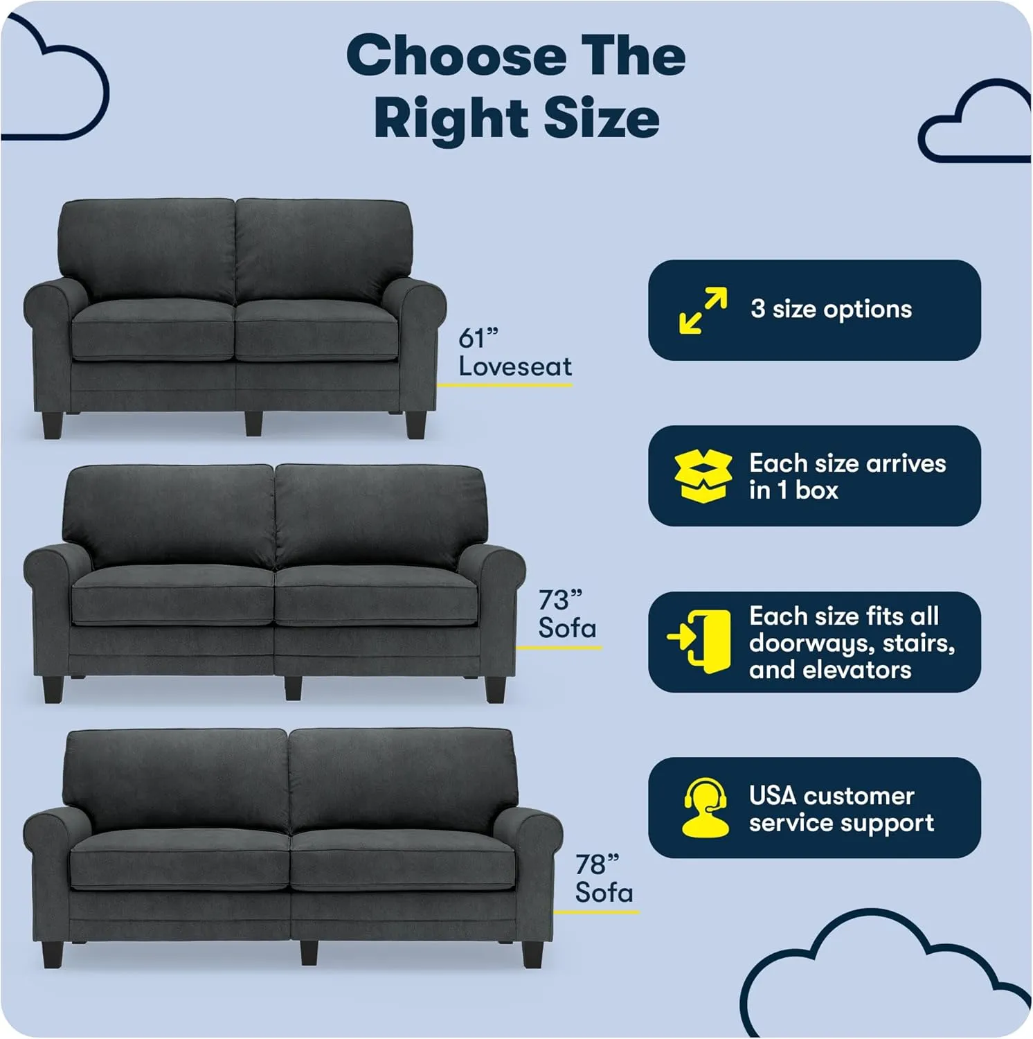 Serta Copenhagen 73" Rolled Arm Sofa, Easy Care Polyester, Soft Pillow Back, Pocket Coil Seat Cushions, Removable Covers, Loveseat or Couch for Small Spaces, Living Rooms or Bedrooms, Charcoal