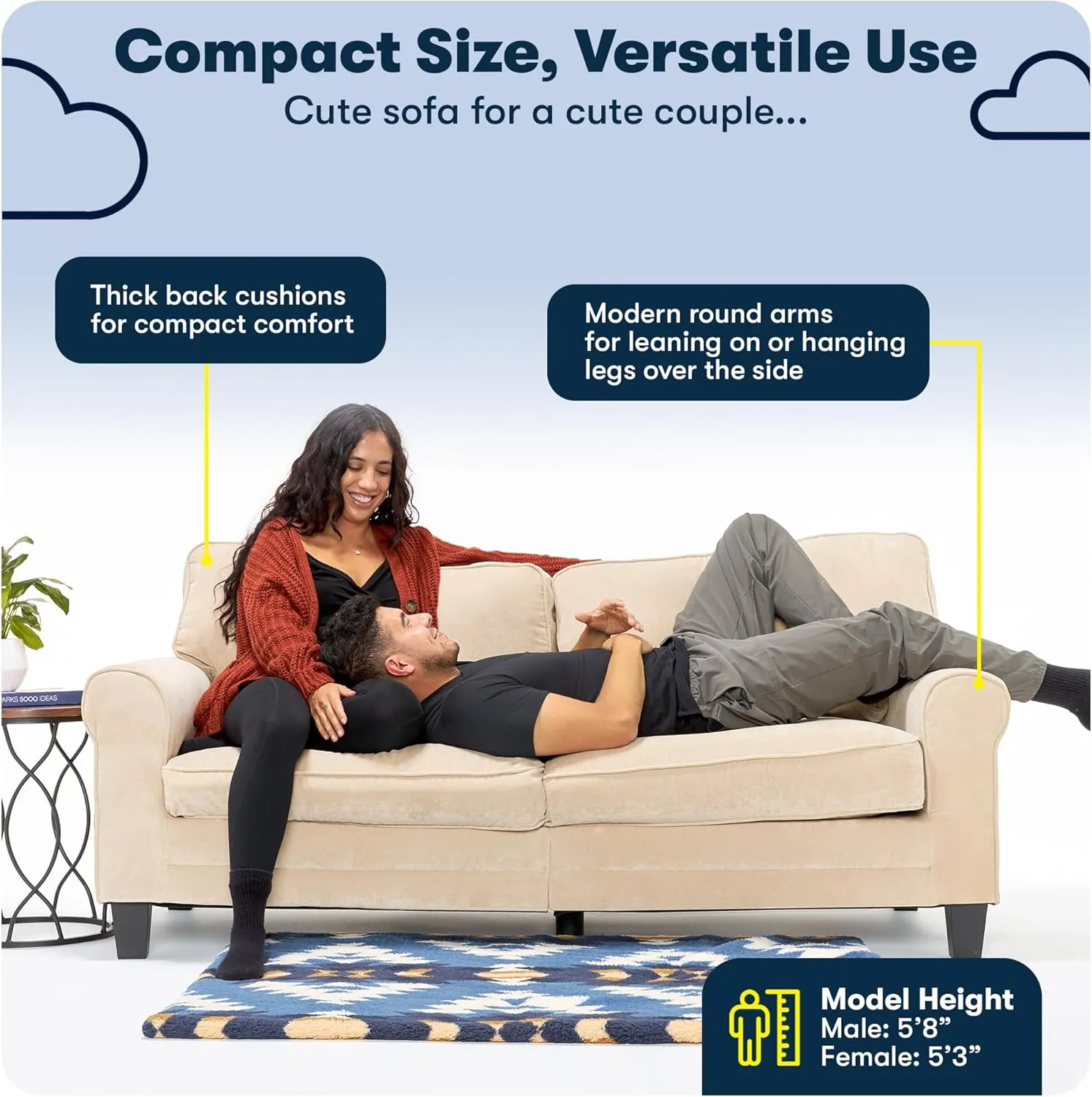 Serta Copenhagen 73" Rolled Arm Sofa, Easy Care Polyester, Soft Pillow Back, Pocket Coil Seat Cushions, Removable Covers, Loveseat or Couch for Small Spaces, Living Rooms or Bedrooms, Charcoal