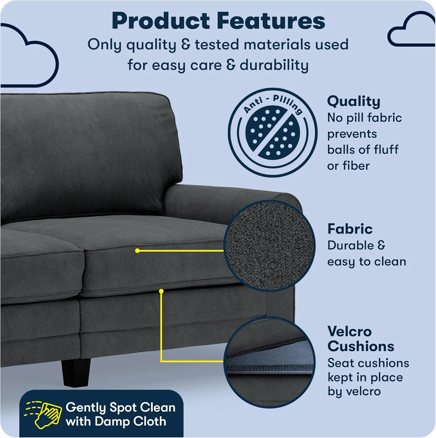 Serta Copenhagen 73" Rolled Arm Sofa, Easy Care Polyester, Soft Pillow Back, Pocket Coil Seat Cushions, Removable Covers, Loveseat or Couch for Small Spaces, Living Rooms or Bedrooms, Charcoal