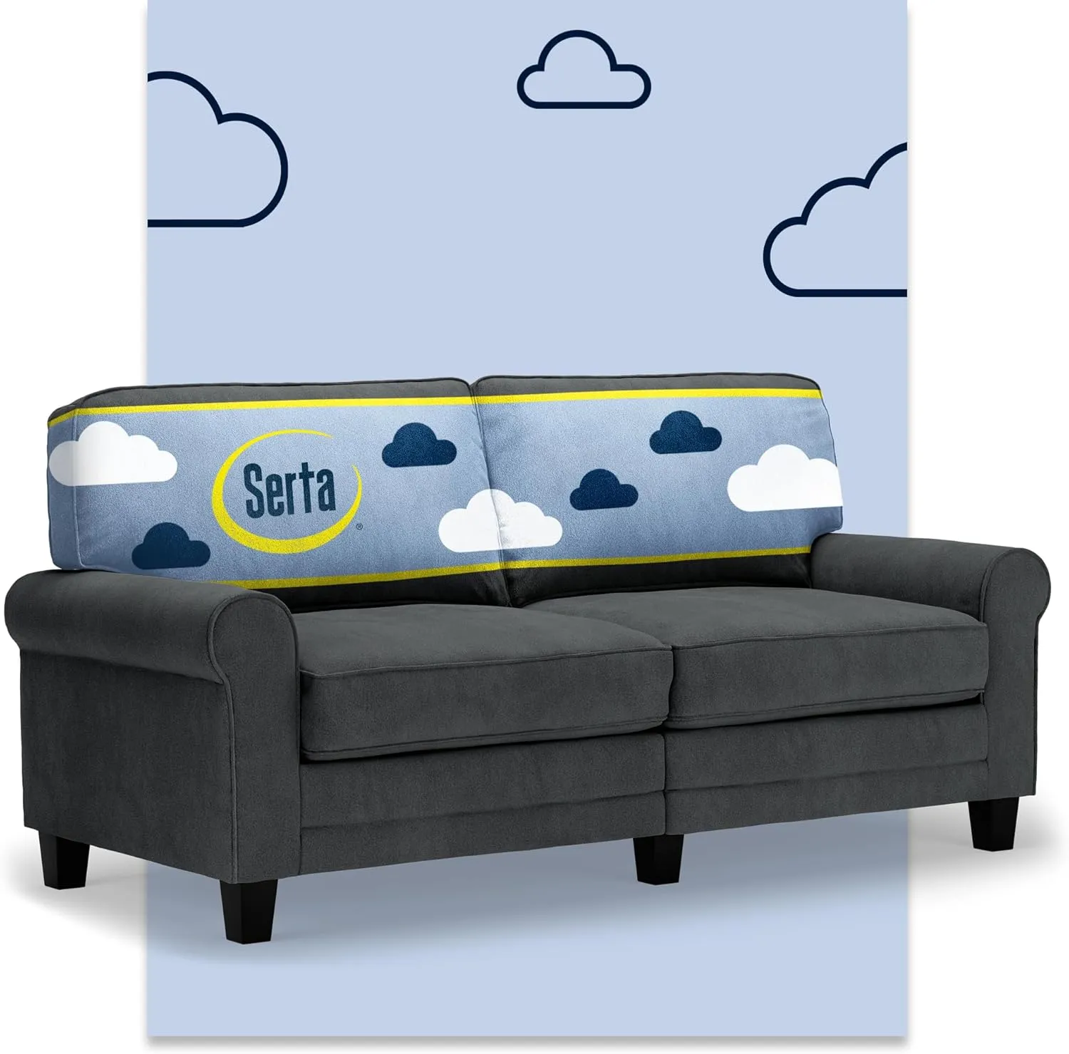 Serta Copenhagen 73" Rolled Arm Sofa, Easy Care Polyester, Soft Pillow Back, Pocket Coil Seat Cushions, Removable Covers, Loveseat or Couch for Small Spaces, Living Rooms or Bedrooms, Charcoal