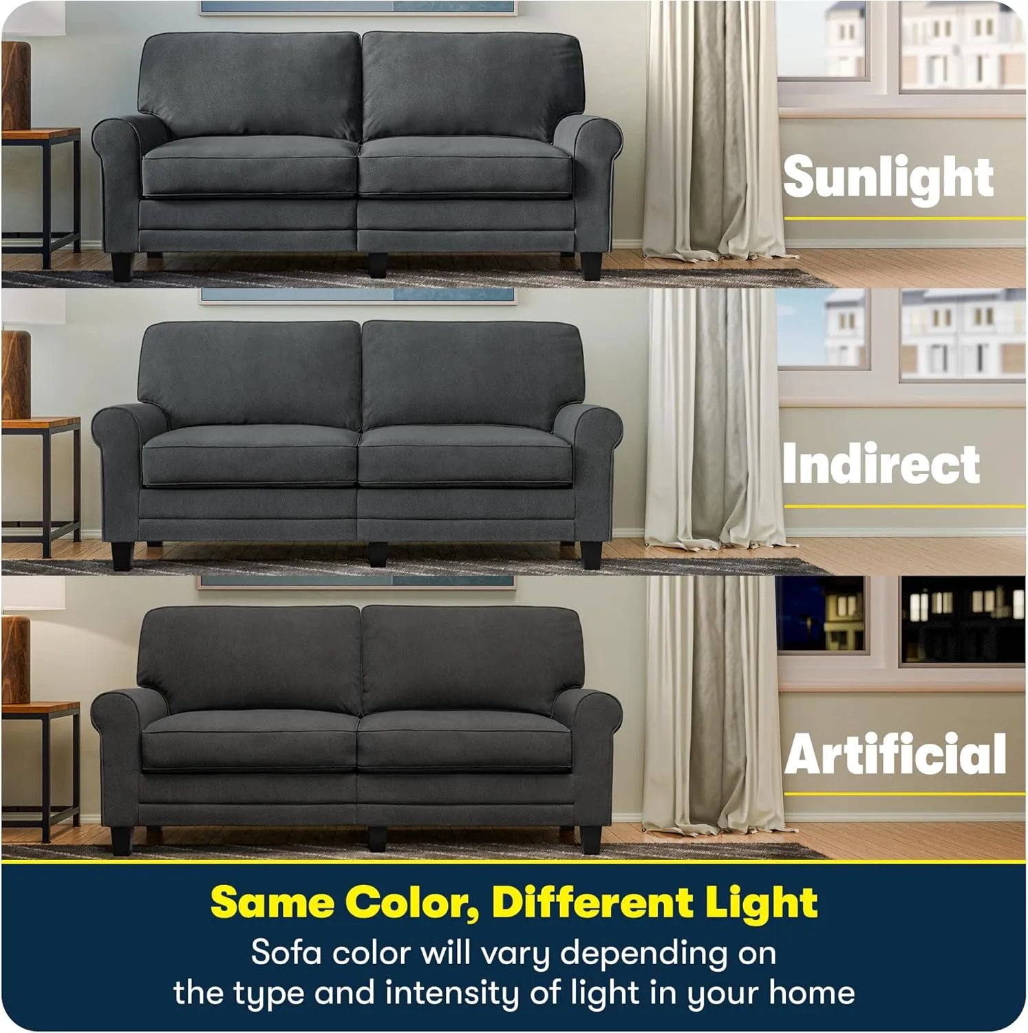 Serta Copenhagen 73" Rolled Arm Sofa, Easy Care Polyester, Soft Pillow Back, Pocket Coil Seat Cushions, Removable Covers, Loveseat or Couch for Small Spaces, Living Rooms or Bedrooms, Charcoal