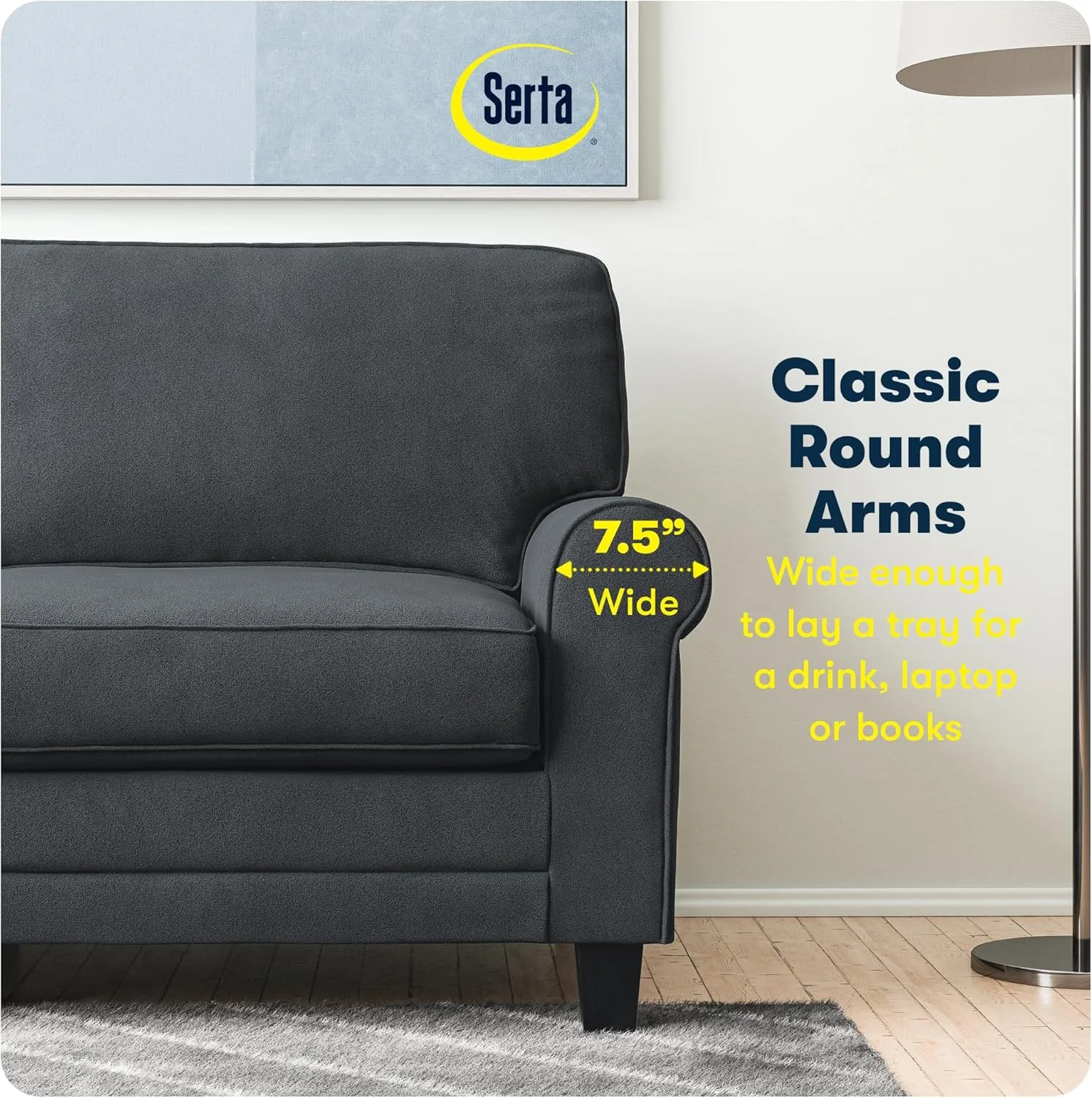 Serta Copenhagen 73" Rolled Arm Sofa, Easy Care Polyester, Soft Pillow Back, Pocket Coil Seat Cushions, Removable Covers, Loveseat or Couch for Small Spaces, Living Rooms or Bedrooms, Charcoal