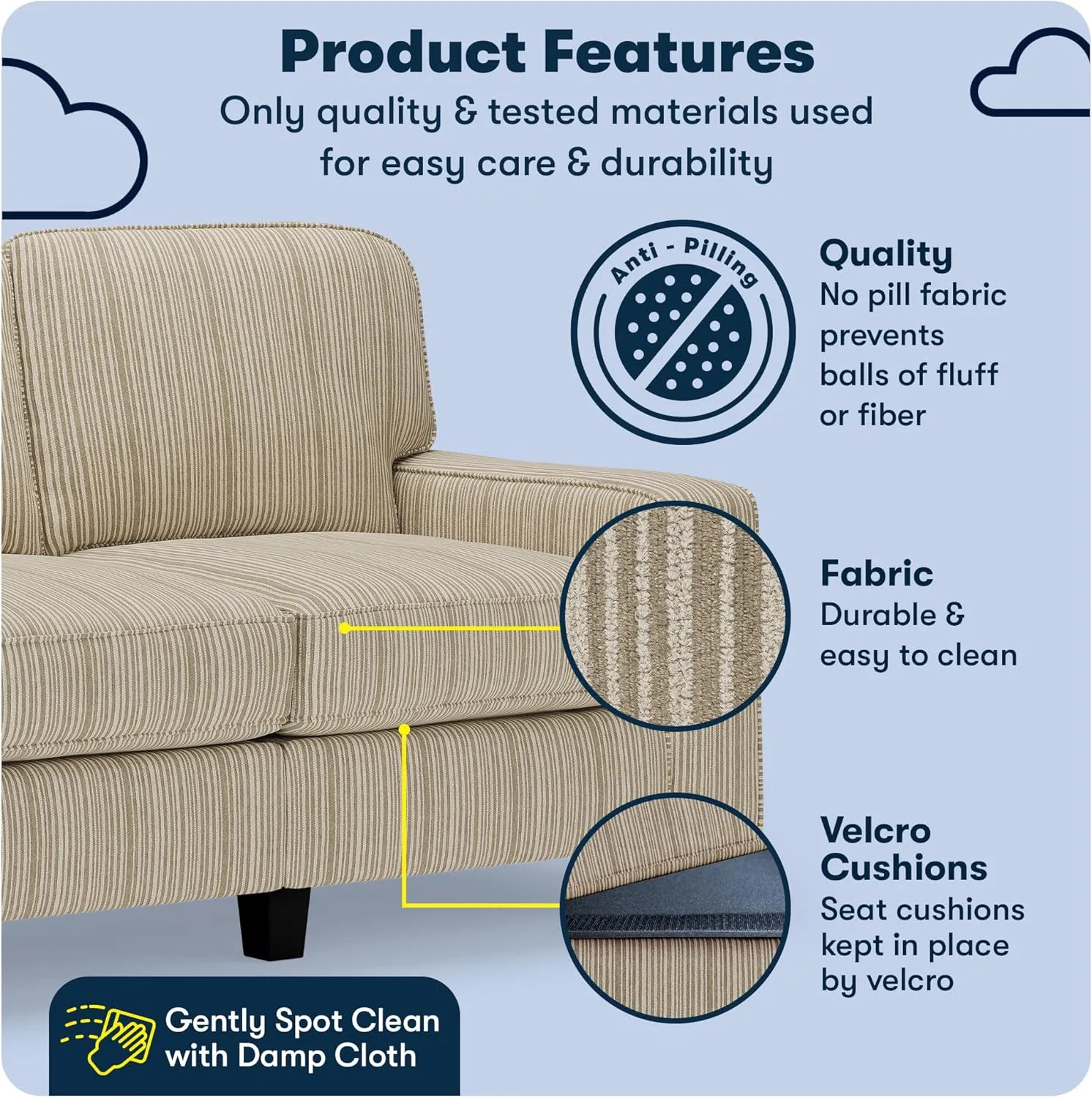 Serta Palisades 61" Track Arm Sofa, Easy Care Polyester, Soft Pillow Back, Pocket Coil Seat Cushions, Removable Covers, Loveseat or Couch for Small Spaces, Living Rooms or Bedrooms, Beige