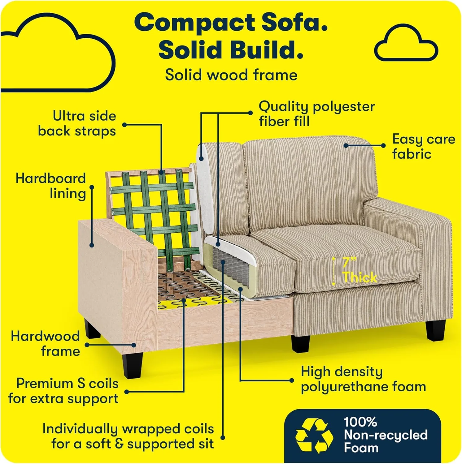 Serta Palisades 61" Track Arm Sofa, Easy Care Polyester, Soft Pillow Back, Pocket Coil Seat Cushions, Removable Covers, Loveseat or Couch for Small Spaces, Living Rooms or Bedrooms, Beige