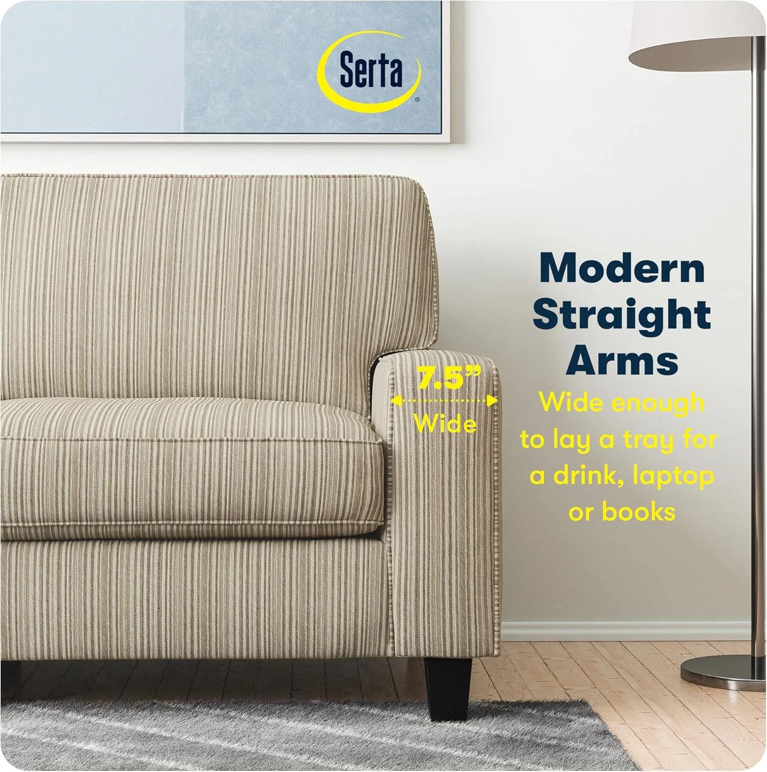Serta Palisades 61" Track Arm Sofa, Easy Care Polyester, Soft Pillow Back, Pocket Coil Seat Cushions, Removable Covers, Loveseat or Couch for Small Spaces, Living Rooms or Bedrooms, Beige
