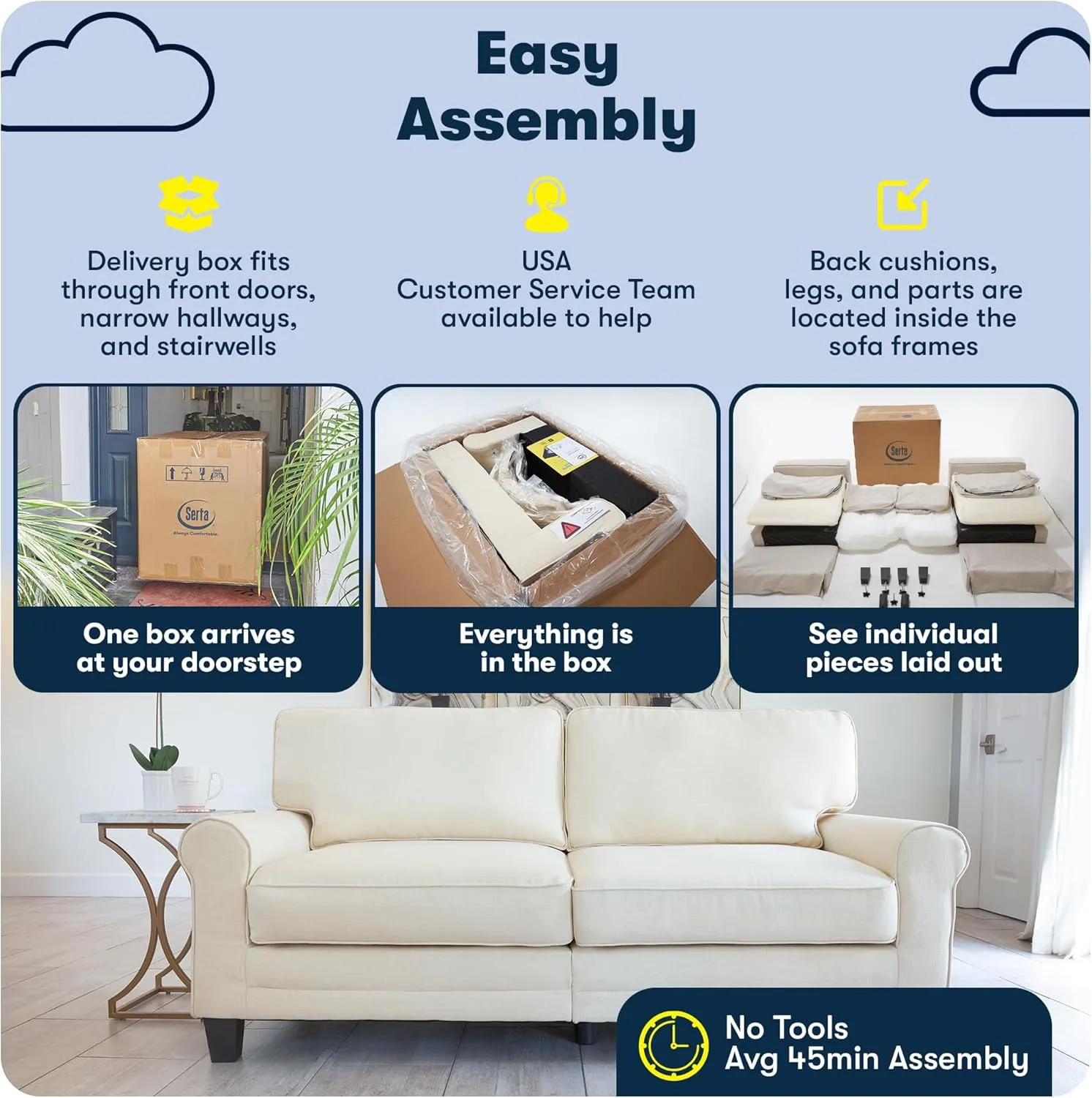 Serta Palisades 61" Track Arm Sofa, Easy Care Polyester, Soft Pillow Back, Pocket Coil Seat Cushions, Removable Covers, Loveseat or Couch for Small Spaces, Living Rooms or Bedrooms, Beige