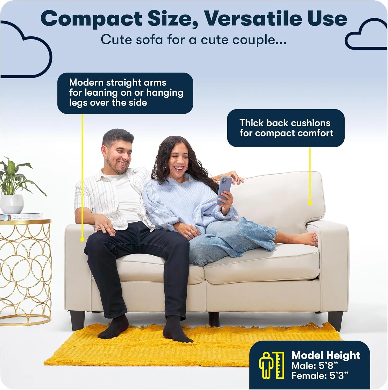 Serta Palisades 61" Track Arm Sofa, Easy Care Polyester, Soft Pillow Back, Pocket Coil Seat Cushions, Removable Covers, Loveseat or Couch for Small Spaces, Living Rooms or Bedrooms, Beige