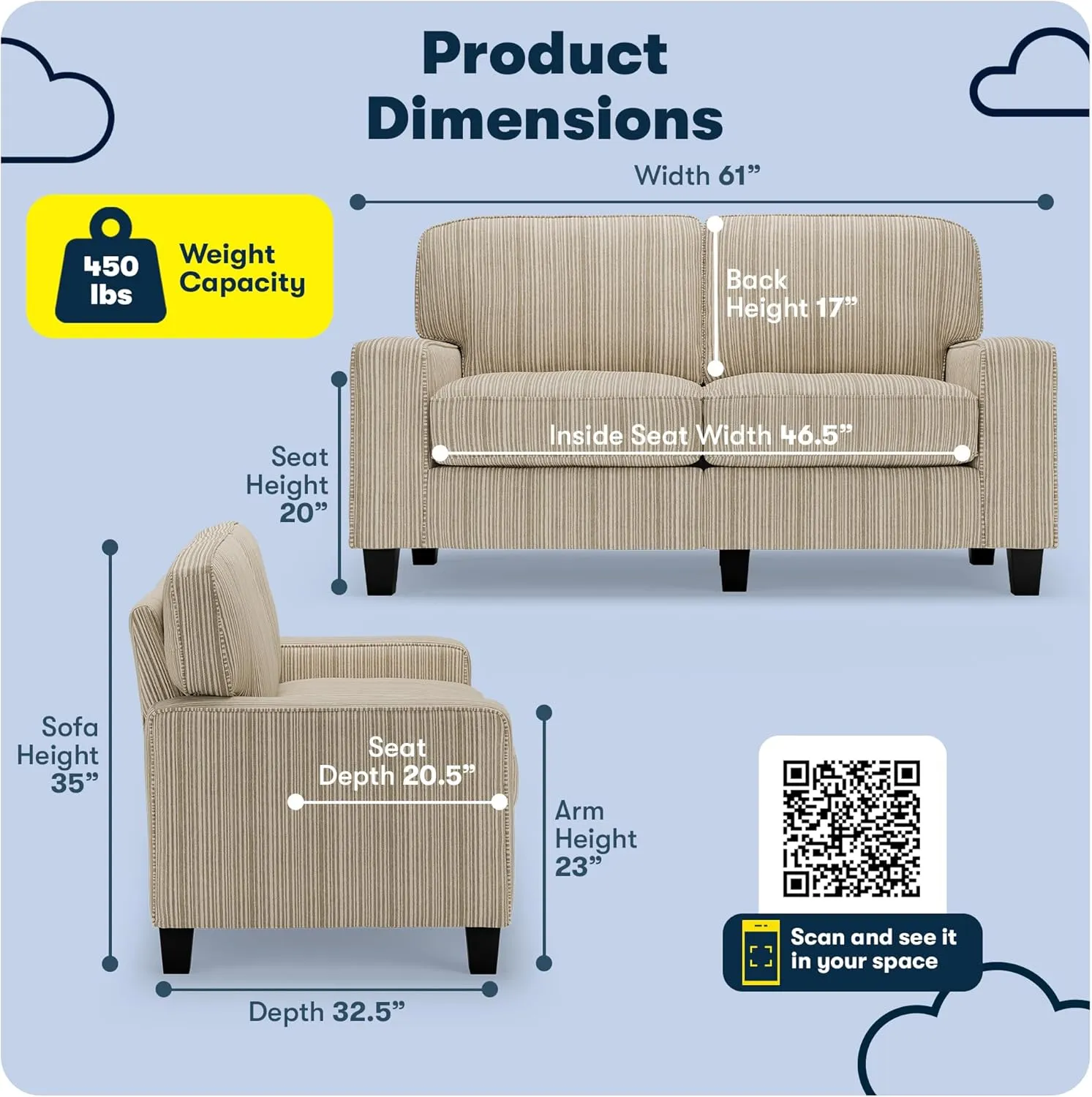 Serta Palisades 61" Track Arm Sofa, Easy Care Polyester, Soft Pillow Back, Pocket Coil Seat Cushions, Removable Covers, Loveseat or Couch for Small Spaces, Living Rooms or Bedrooms, Beige