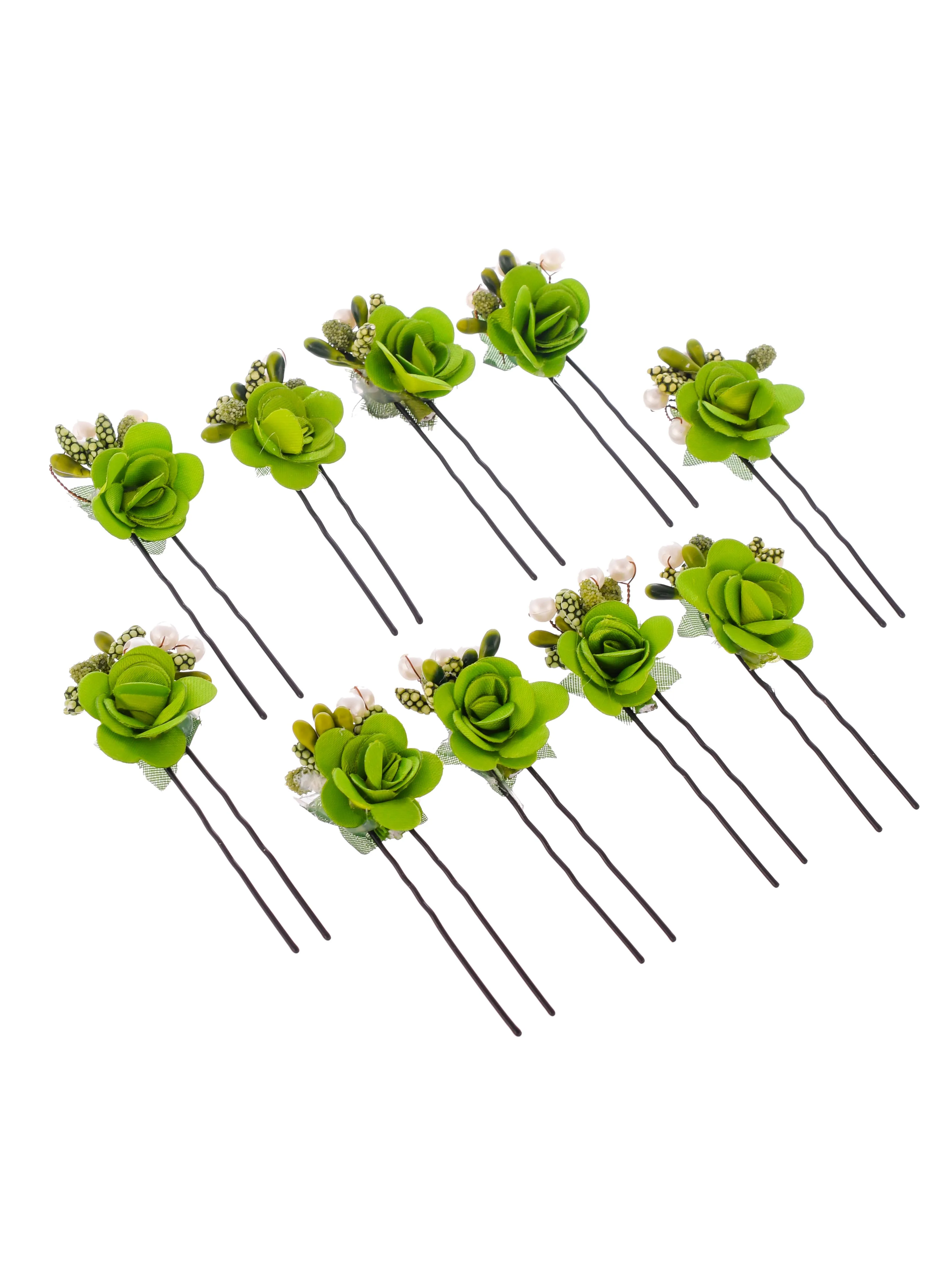 Set of 10 women Green flower embellished beaded U pins