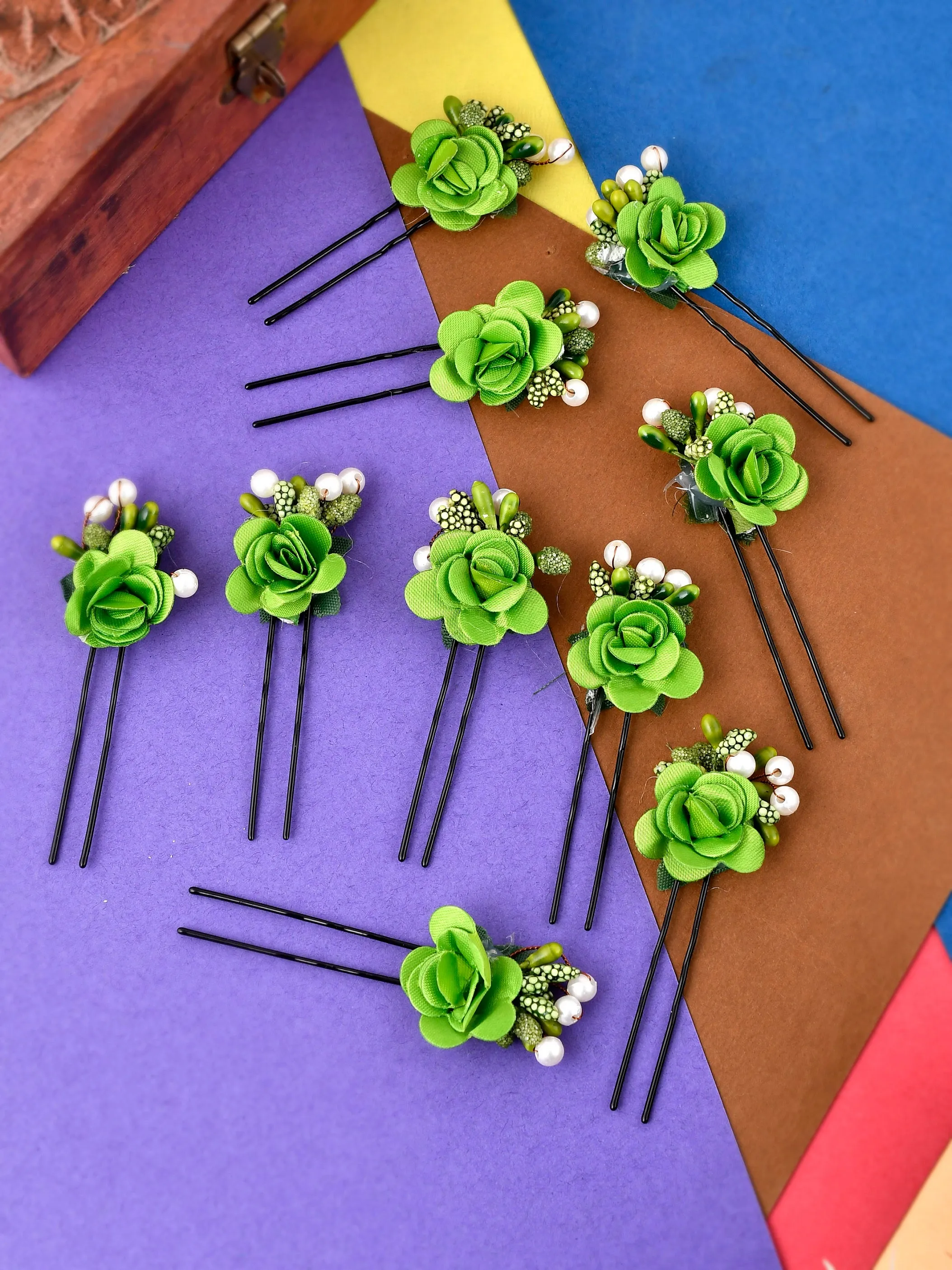Set of 10 women Green flower embellished beaded U pins