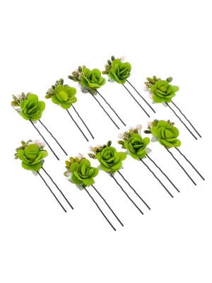 Set of 10 women Green flower embellished beaded U pins