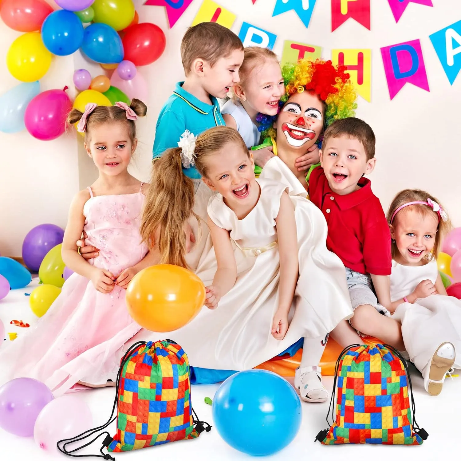 Shappy 24 Packs Building Block Party Favors Building Blocks Drawstring Gift Bags Candy Goodie Treat Bags for Birthday Party Supplies Decorations