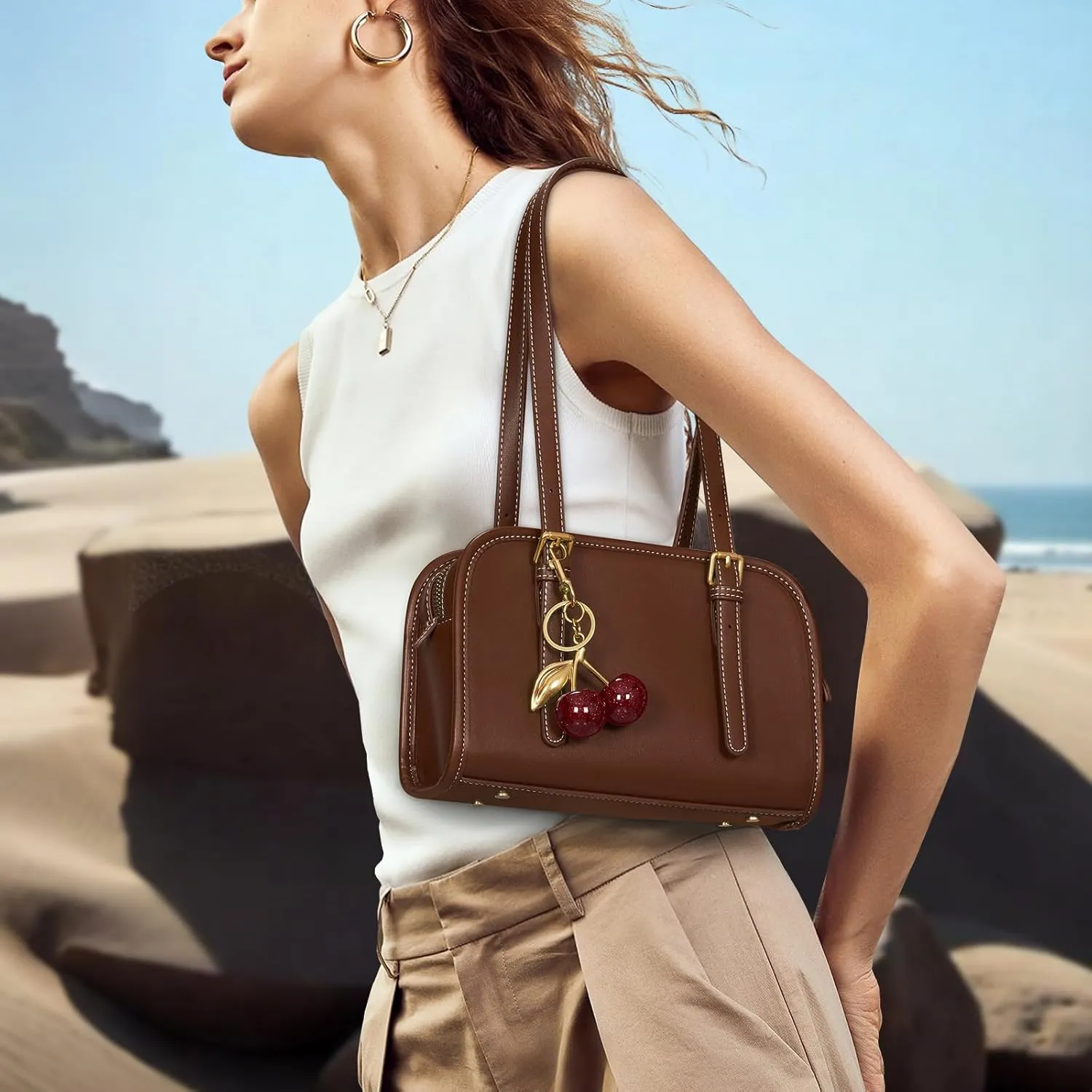 Shoulder Bag Red Purse for Women Leather Swing Bag Zip Handbag Burgundy Purse with Cherry Pendant
