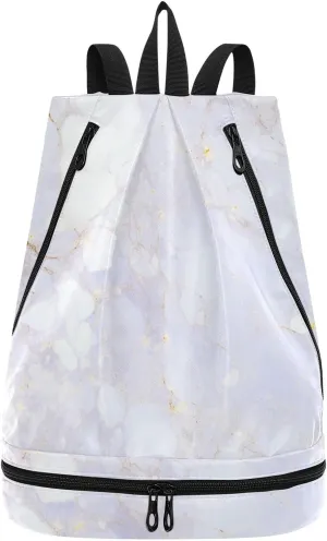 Silver white luxury marble texture Drawstring bags for women beach bag for gym with Wet Dry Compartments