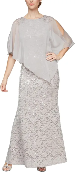 S.L. Fashions Women's Long Length Sequin Lace Beaded Capelet Dress, Formal Evening Gown, (Petite and Regular Sizes)