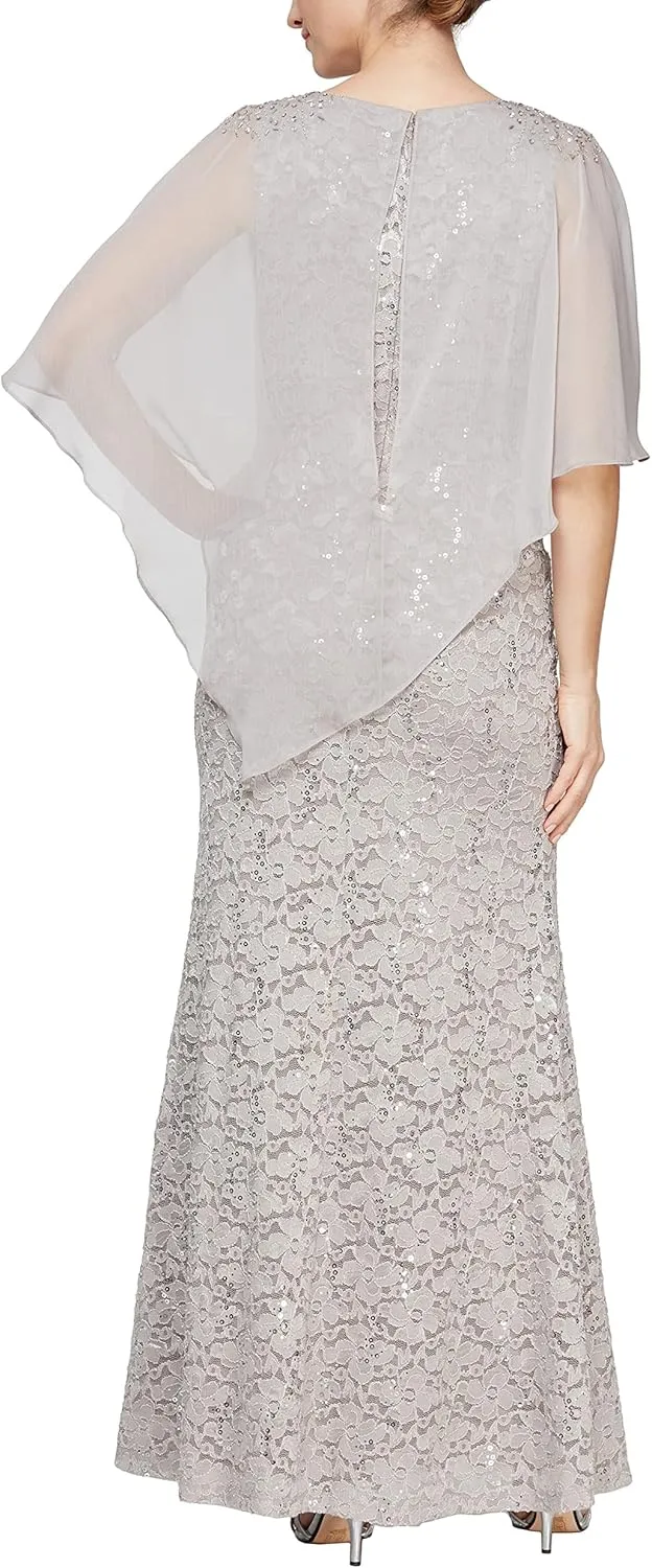 S.L. Fashions Women's Long Length Sequin Lace Beaded Capelet Dress, Formal Evening Gown, (Petite and Regular Sizes)