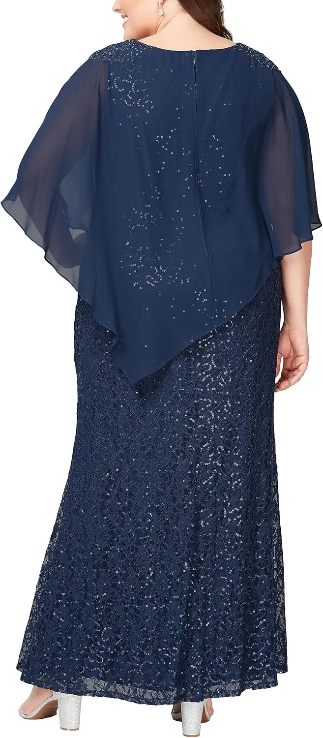 S.L. Fashions Women's Plus Size Long Length Sequin Lace Beaded Capelet Mother of The Bride Dress, Formal Evening Gown