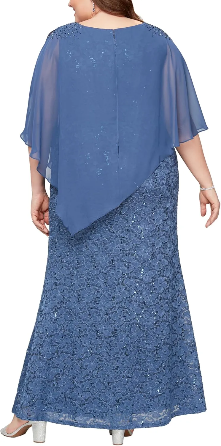S.L. Fashions Women's Plus Size Long Length Sequin Lace Beaded Capelet Mother of The Bride Dress, Formal Evening Gown