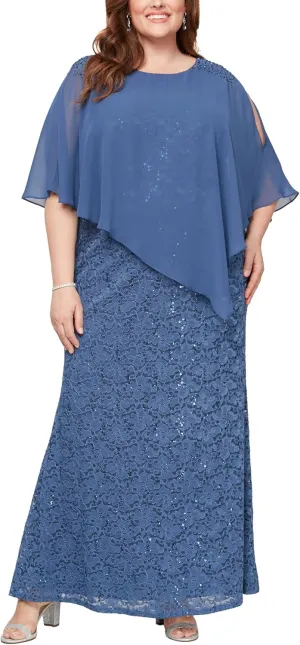 S.L. Fashions Women's Plus Size Long Length Sequin Lace Beaded Capelet Mother of The Bride Dress, Formal Evening Gown