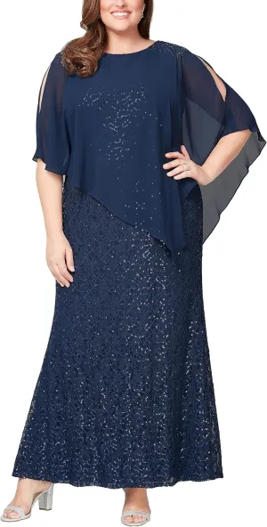 S.L. Fashions Women's Plus Size Long Length Sequin Lace Beaded Capelet Mother of The Bride Dress, Formal Evening Gown