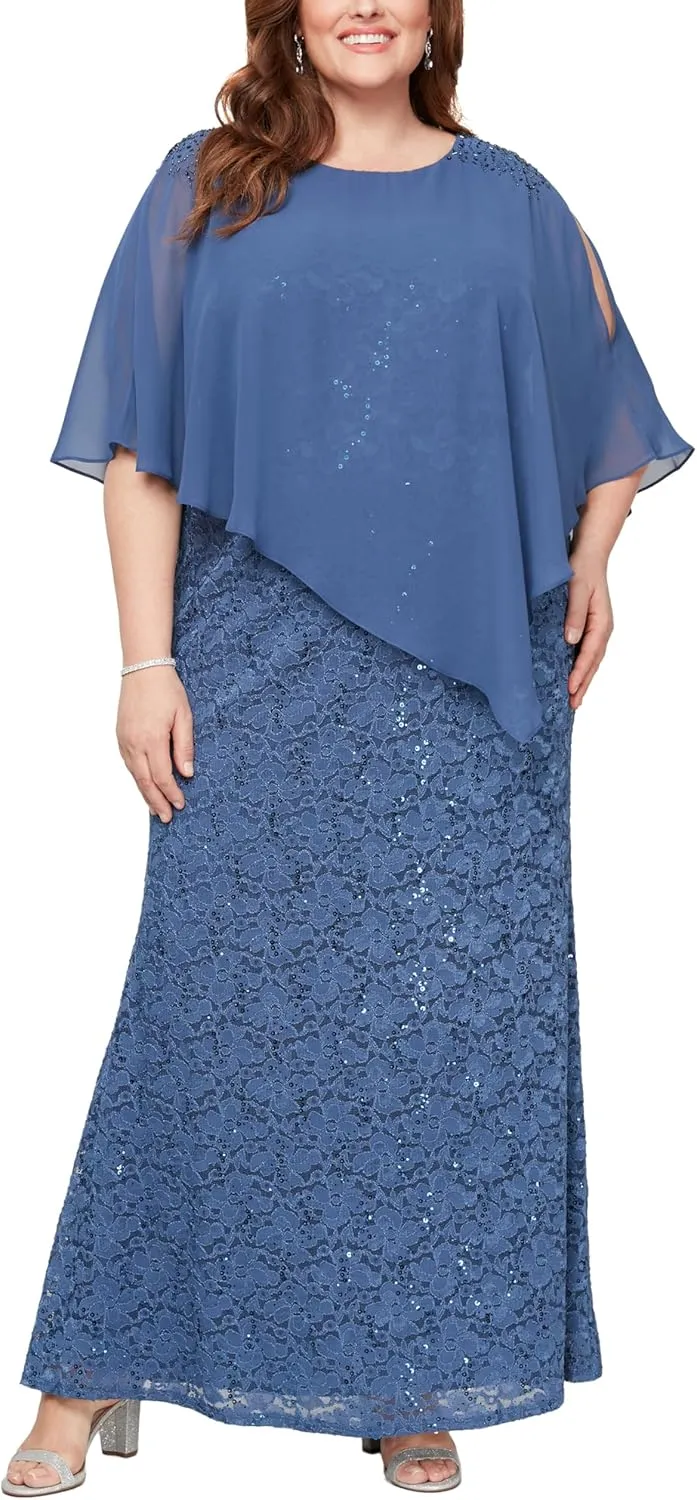 S.L. Fashions Women's Plus Size Long Length Sequin Lace Beaded Capelet Mother of The Bride Dress, Formal Evening Gown