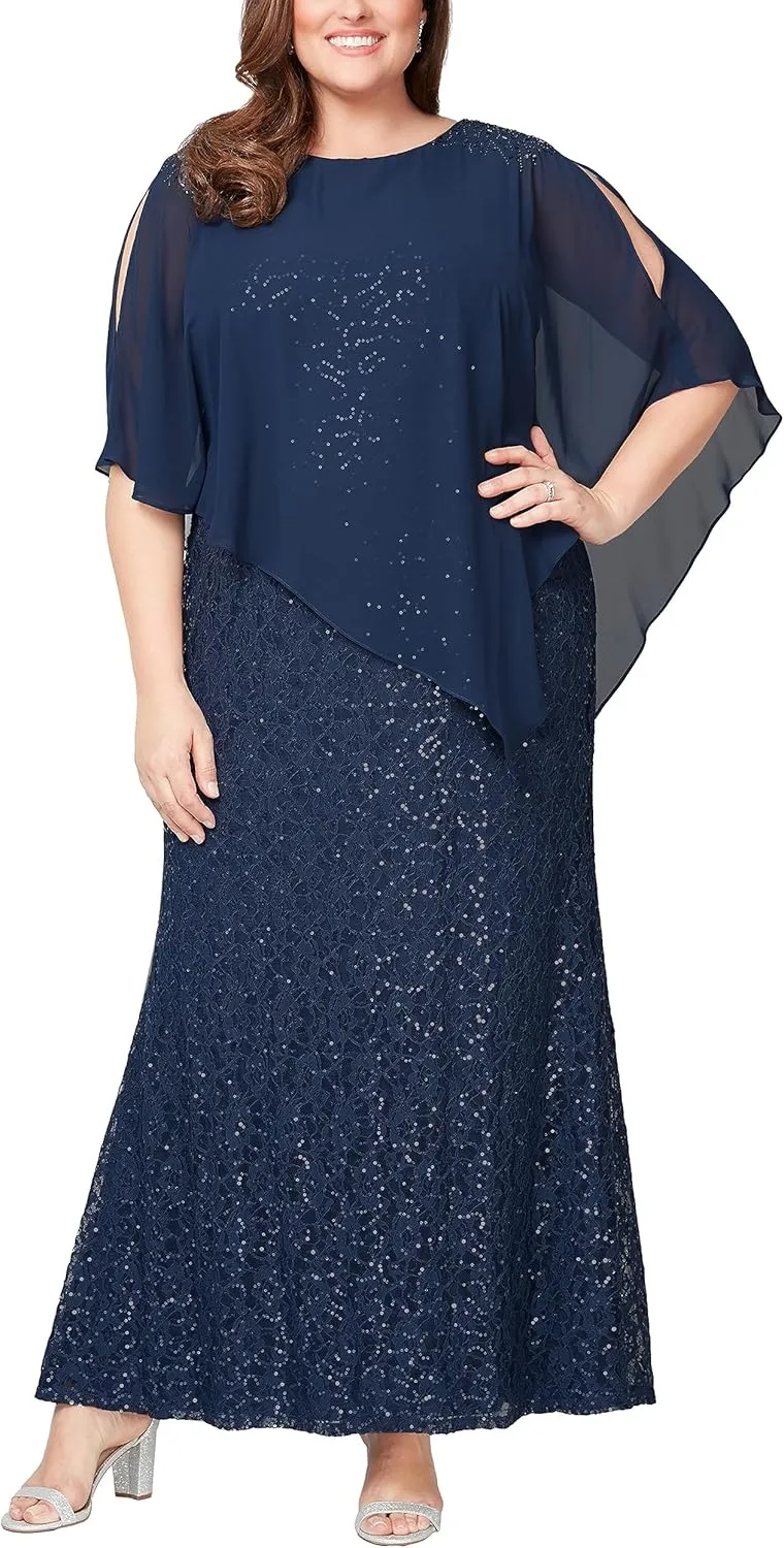 S.L. Fashions Women's Plus Size Long Length Sequin Lace Beaded Capelet Mother of The Bride Dress, Formal Evening Gown