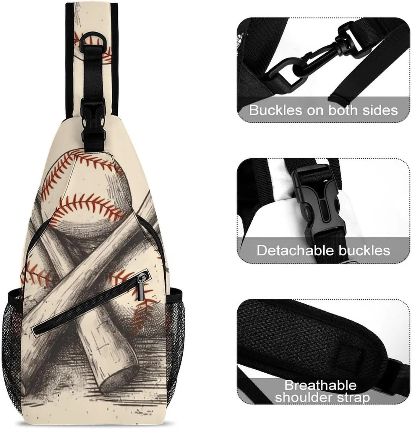 Sling Bag for Women Men Baseball Bats And Ball Travel Hiking Backpack Crossbody Shoulder Chest Bags Casual Daypack