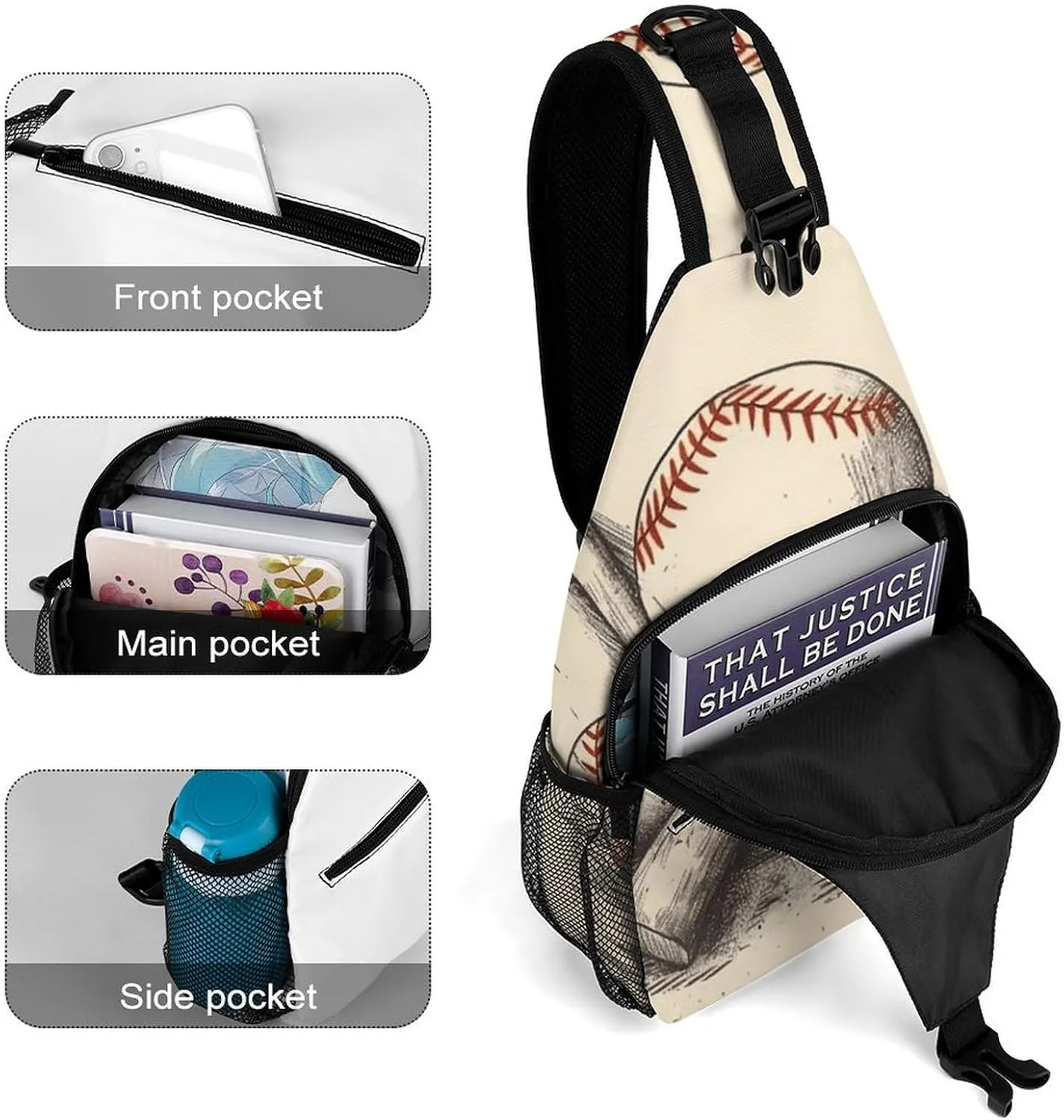 Sling Bag for Women Men Baseball Bats And Ball Travel Hiking Backpack Crossbody Shoulder Chest Bags Casual Daypack