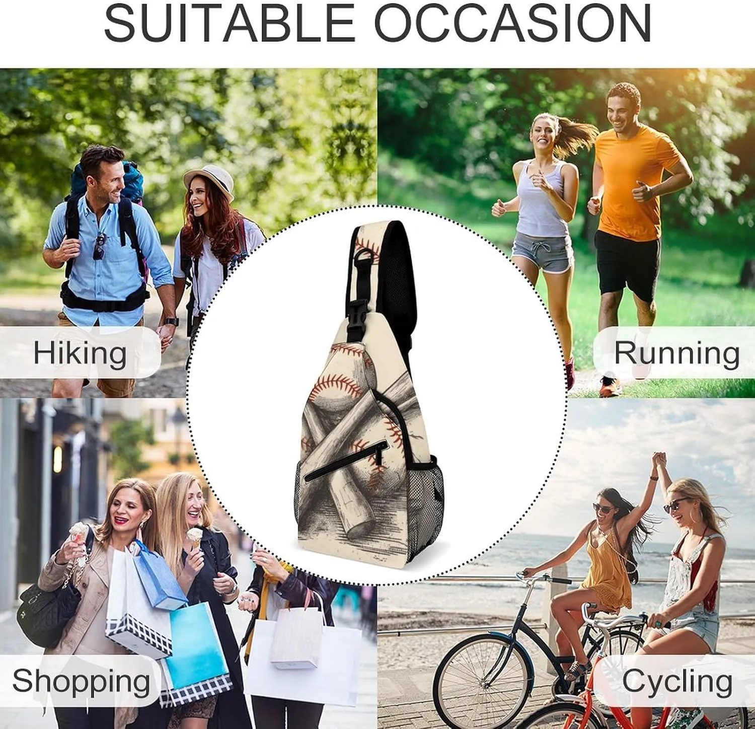 Sling Bag for Women Men Baseball Bats And Ball Travel Hiking Backpack Crossbody Shoulder Chest Bags Casual Daypack
