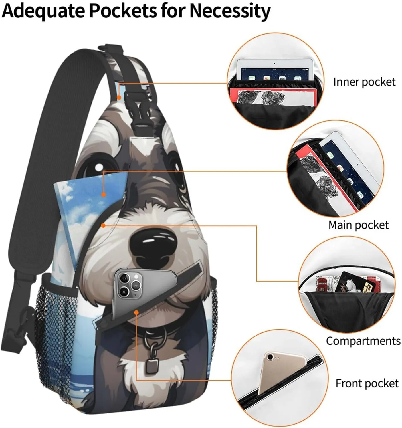 Sling Bag for Women Men Crossbody Bag Small Sling Backpack adorable schnauzer Chest Bag Hiking Daypack