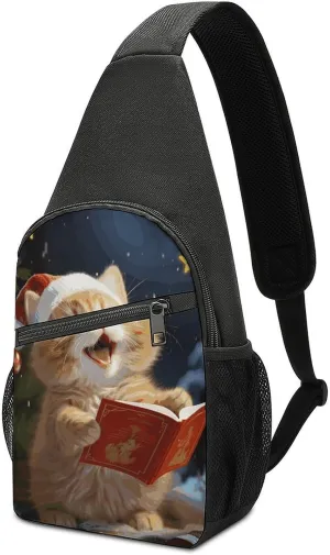 Sling Bag for Women Men Crossbody Bag Small Sling Backpack Cute Cat Sing Christmas Carols Chest Bag Hiking Daypack