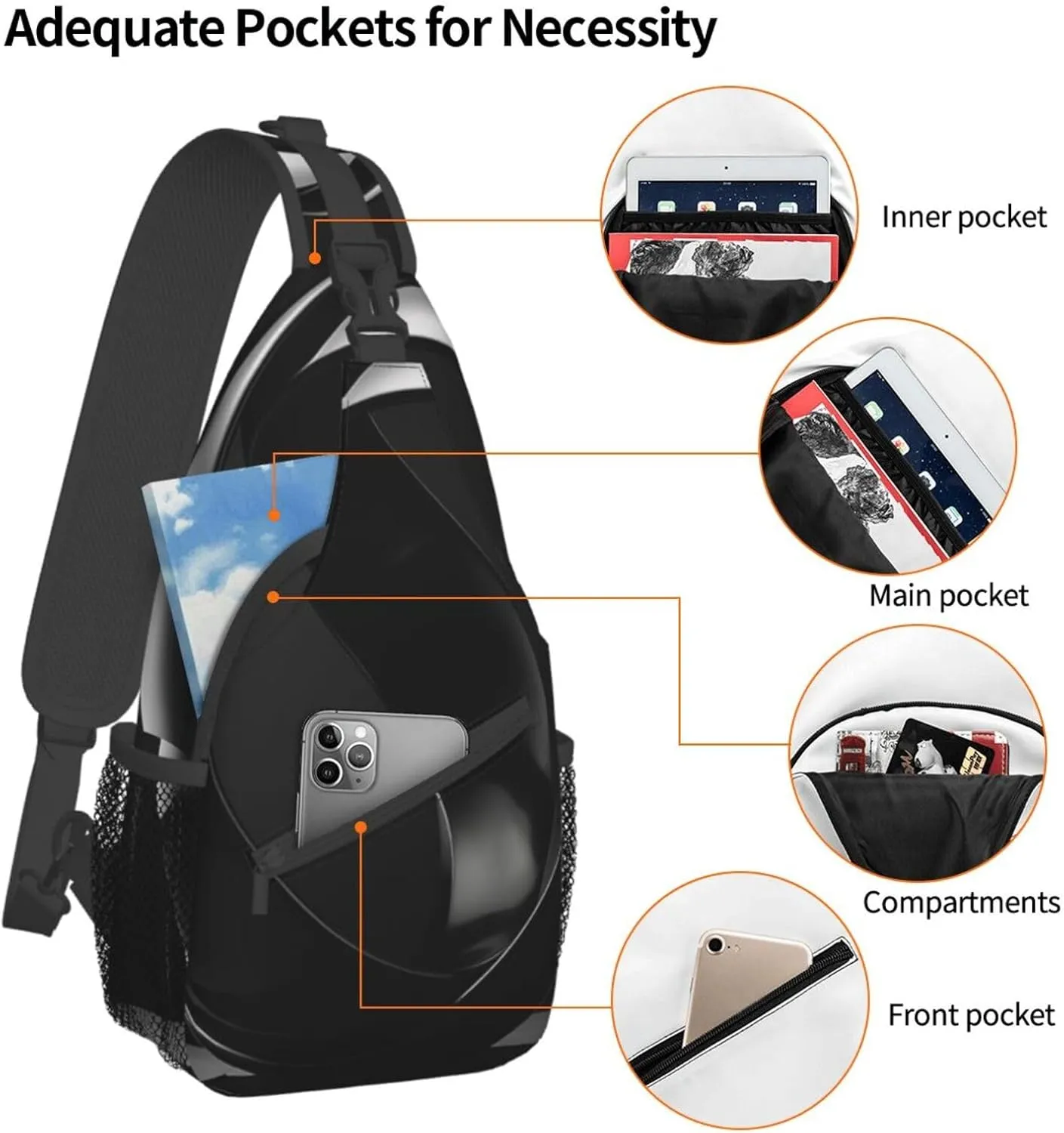 Sling Bag for Women Men Crossbody Bag Small Sling Backpack Piece of Black Ornament Chest Bag Hiking Daypack
