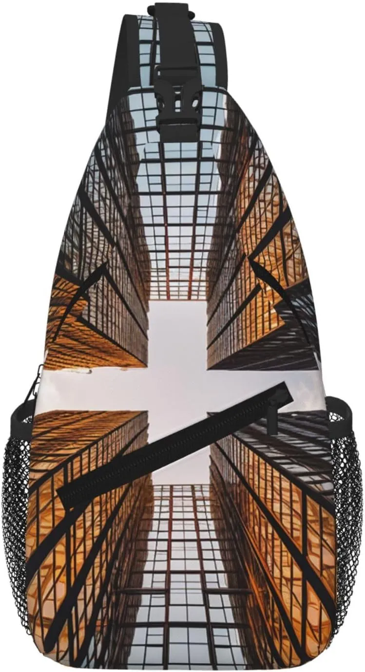 Sling Bag For Women Men Travel Hiking Backpack Crossbody Shoulder Chest Bags Skyscraper Looking Up At Sky Casual Daypack