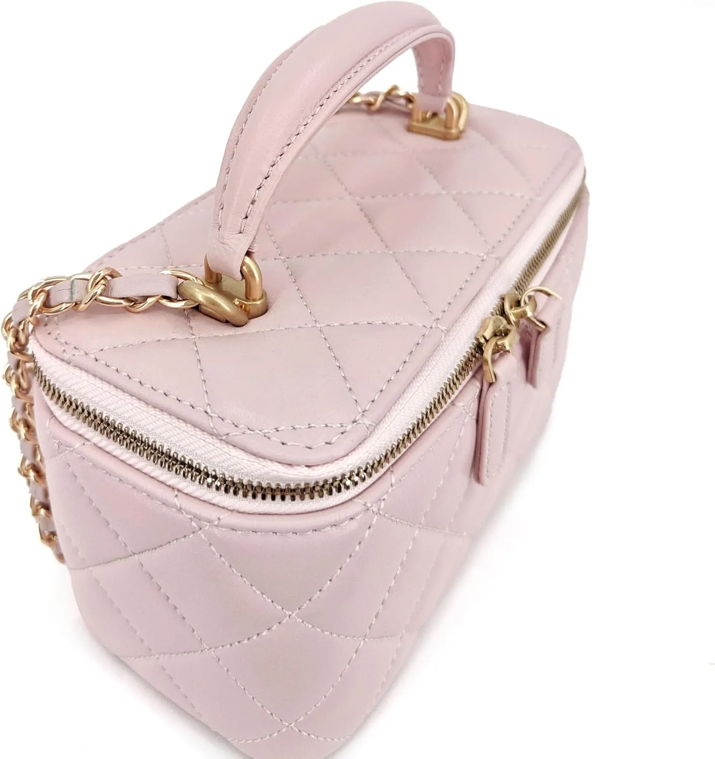 Small Genuine Leather Purse Quilted Crossbody Bag for Women, Mini Top-Handle Shoulder Handbag w/Gold Chain Strap