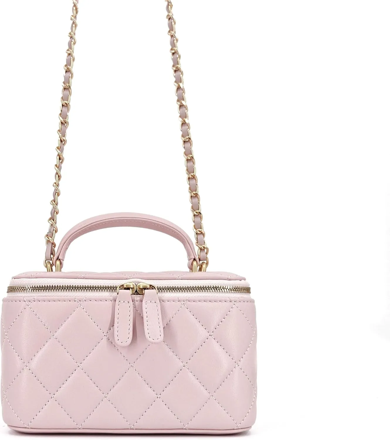 Small Genuine Leather Purse Quilted Crossbody Bag for Women, Mini Top-Handle Shoulder Handbag w/Gold Chain Strap