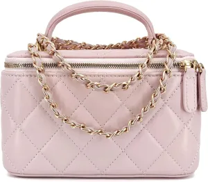Small Genuine Leather Purse Quilted Crossbody Bag for Women, Mini Top-Handle Shoulder Handbag w/Gold Chain Strap
