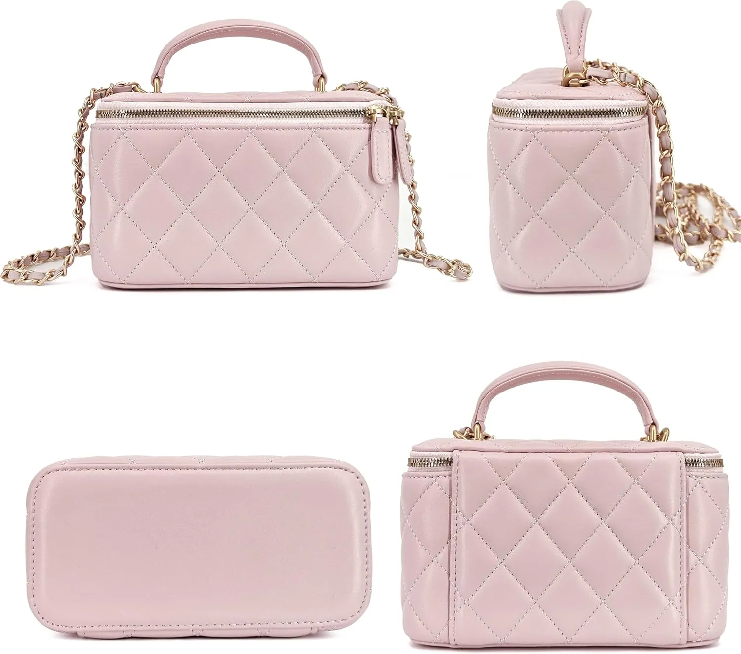 Small Genuine Leather Purse Quilted Crossbody Bag for Women, Mini Top-Handle Shoulder Handbag w/Gold Chain Strap